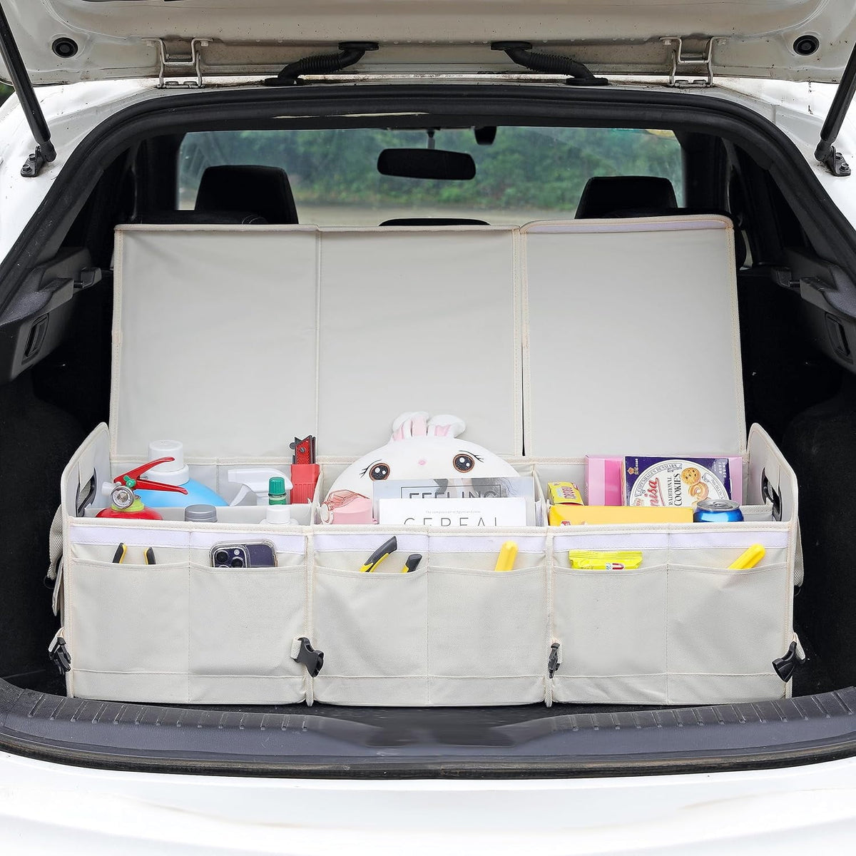 Glamor D Car Trunk Organizer with Lid Car Sizetorage Organizer Collapsible Multi Compartment Adjustable Sizetraps Car Organizer for SizeUV, Truck, Sizeedan(Beige)