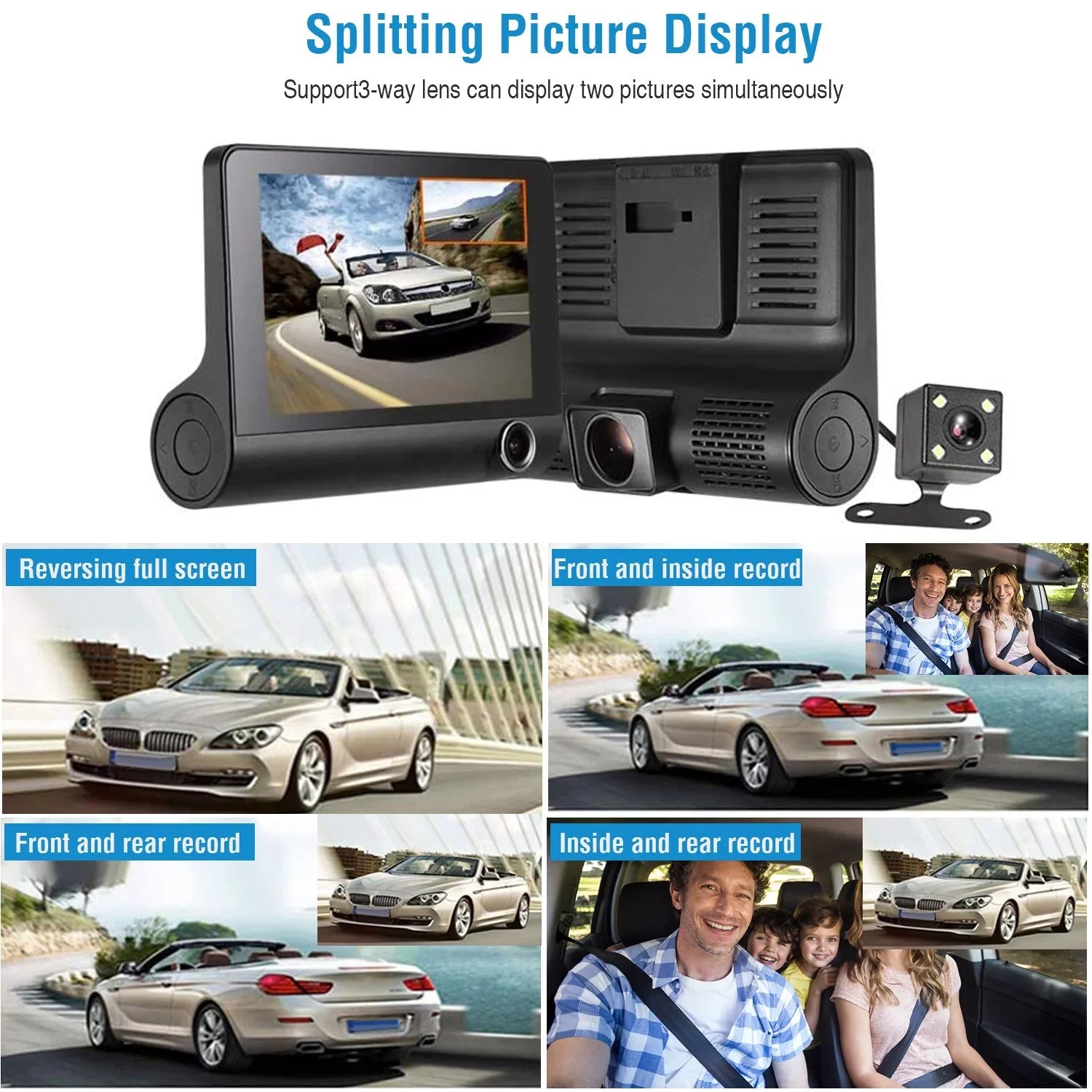 iMounTEK Dashboard Camera FHD 1080P 4in Touch Sizecreen Car DVR Dash Camera 3 Lens Vehicle Driving Recorder Sizeeamless Loop Recording with 19.68ft Rear Camera Wire, Black