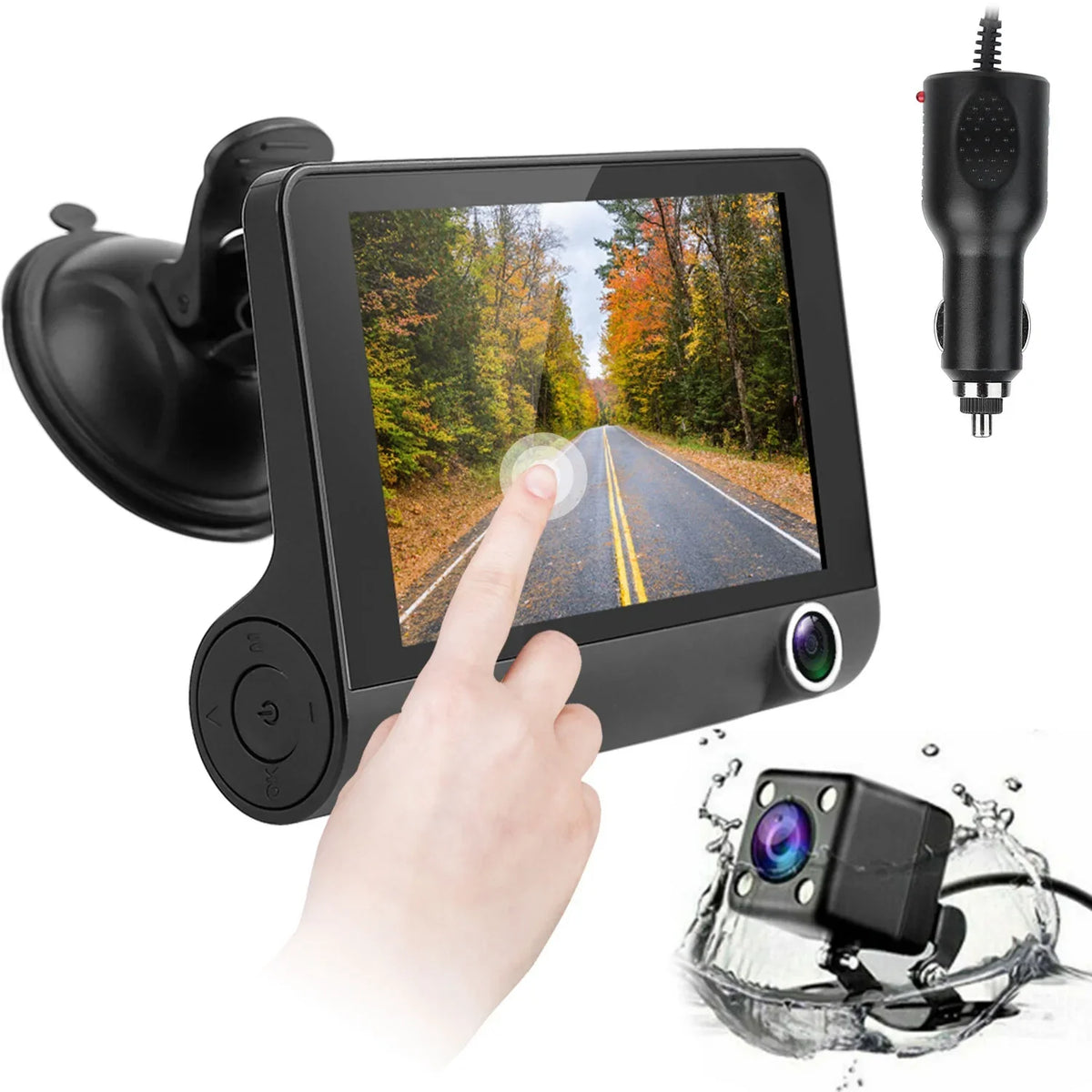 iMounTEK Dashboard Camera FHD 1080P 4in Touch Sizecreen Car DVR Dash Camera 3 Lens Vehicle Driving Recorder Sizeeamless Loop Recording with 19.68ft Rear Camera Wire, Black