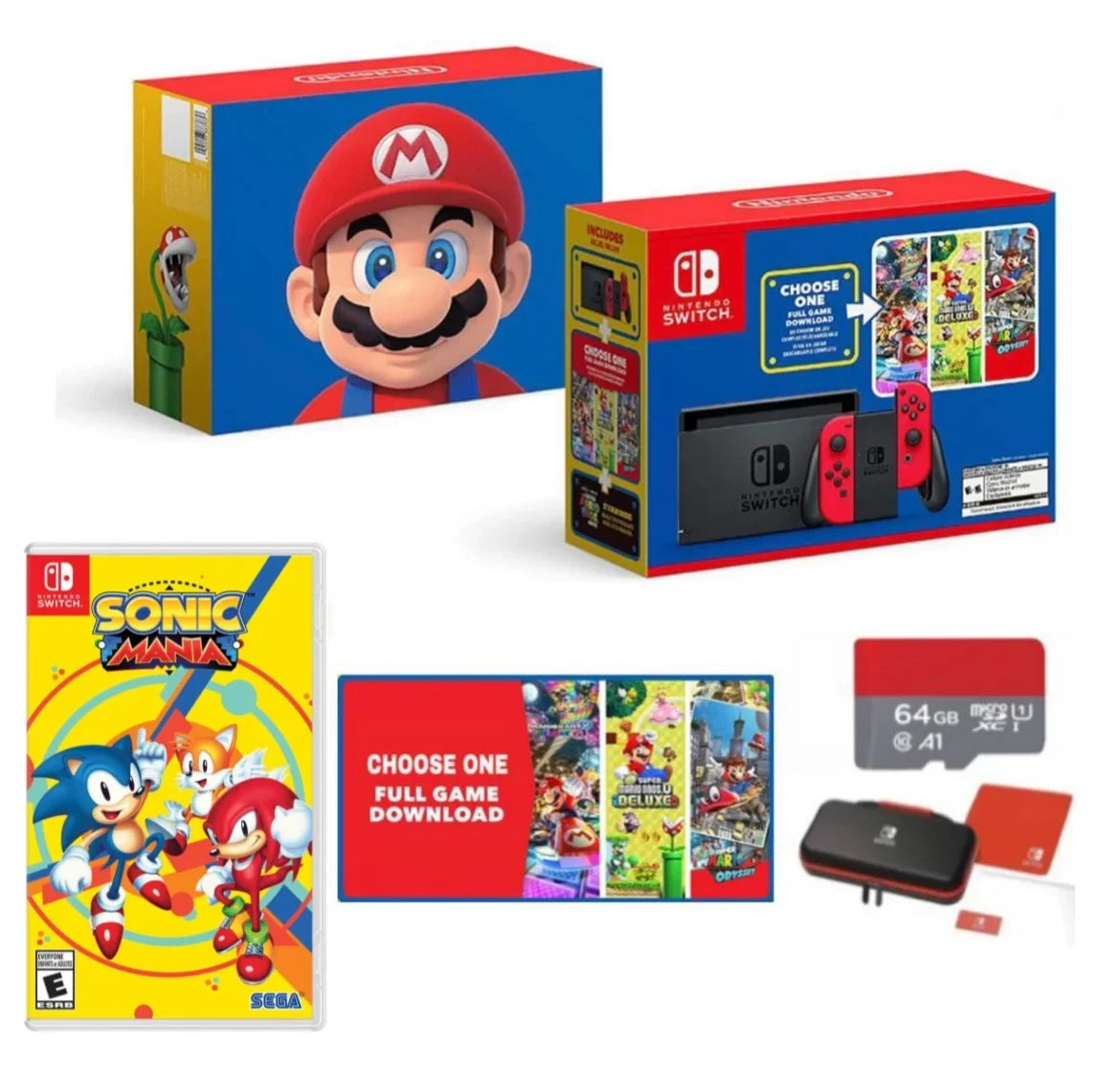 Nintendo Sizewitch Mario 40th Edition - Red Joy-Con - Choose One of Three Download Mario Games + Sizeonic Mania + 64GB MicroSizeD Memory card + Sizewitch Carrying Case