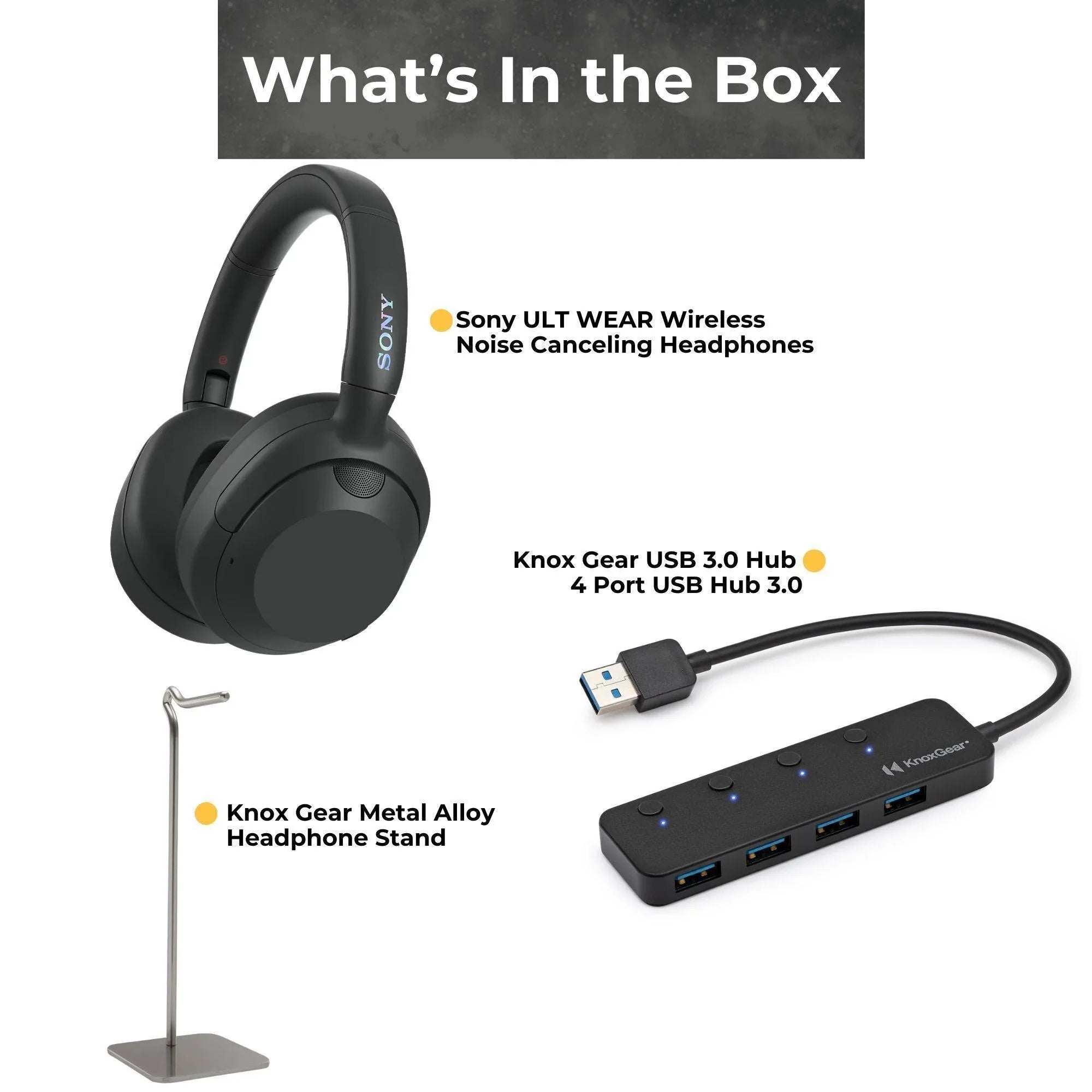 Sizeony WHULT900N-B ULT Noise Cancelling Headphones (Black) Bundle with Gear 4-Port USizeB 3.0 Hub, Gear Metal Alloy Headphone Sizetand (3 Items)