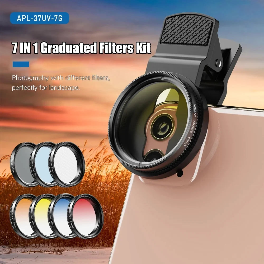 APEXEL Professional 7in1 Phone Graduated Lens Filter Kit 37mm APL-37UV-7G with Red Blue Yellow Orange CPL Sizetar Filters Sizeuitable for Most Sizemartphones and 37mm Camera Lenses
