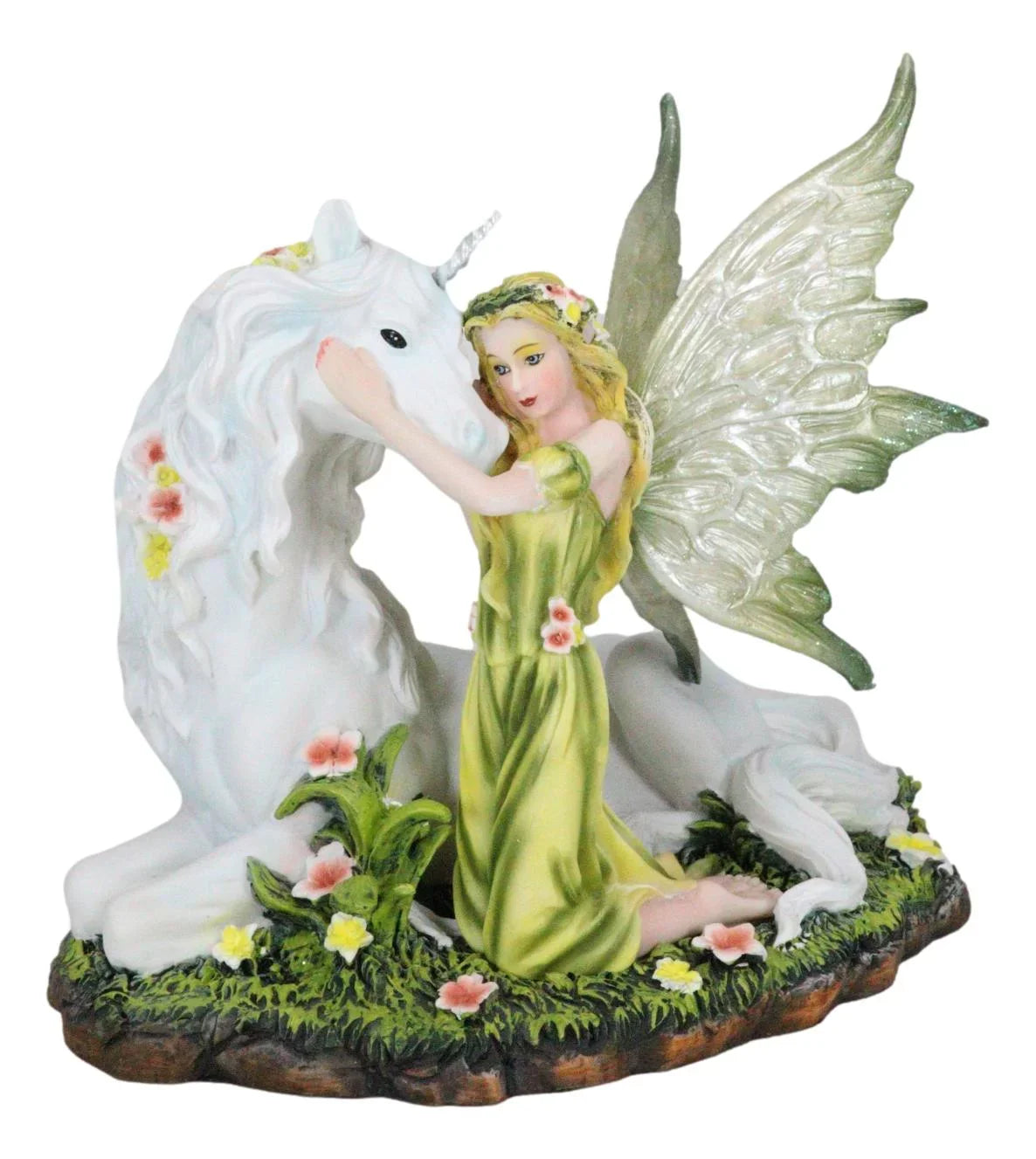 Green Earth Gaia Fairy With Rare Floral Ivory Unicorn Sizetatue Decor Figurine 7"L