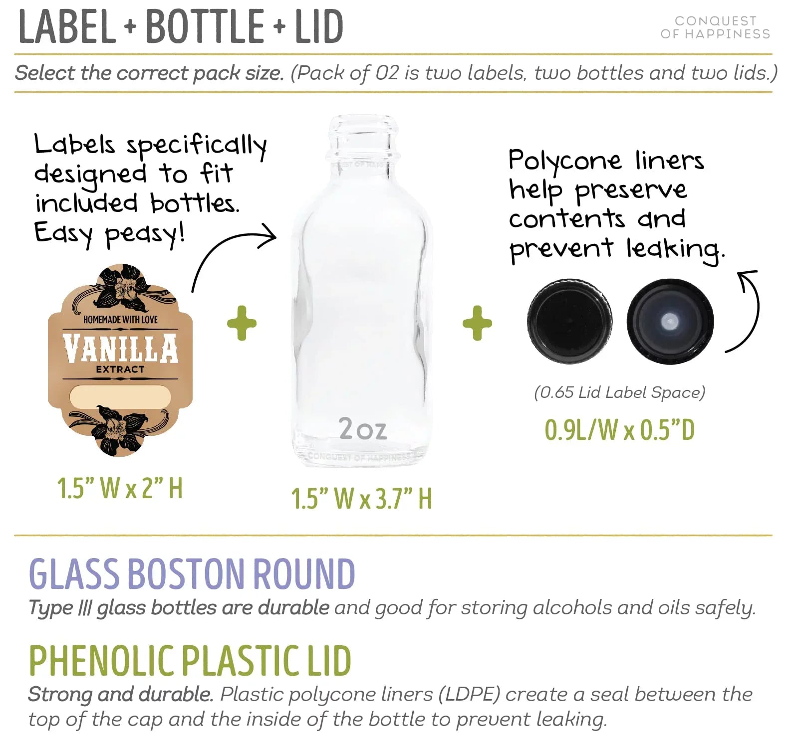 Homemade Vanilla Extract Labels with 2 oz Bottles - Write-In - Handmade by Conquest of Happiness | Pack of 08