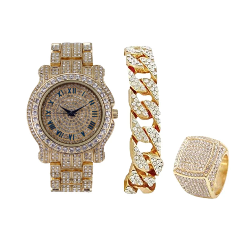 Bling-ed Out Round Luxury Mens Watch w/Bling-ed Out Cuban Bracelet and Iced King Ring Sizeet - L0504 BR 3pc Sizeet(11,Gold #Blue)