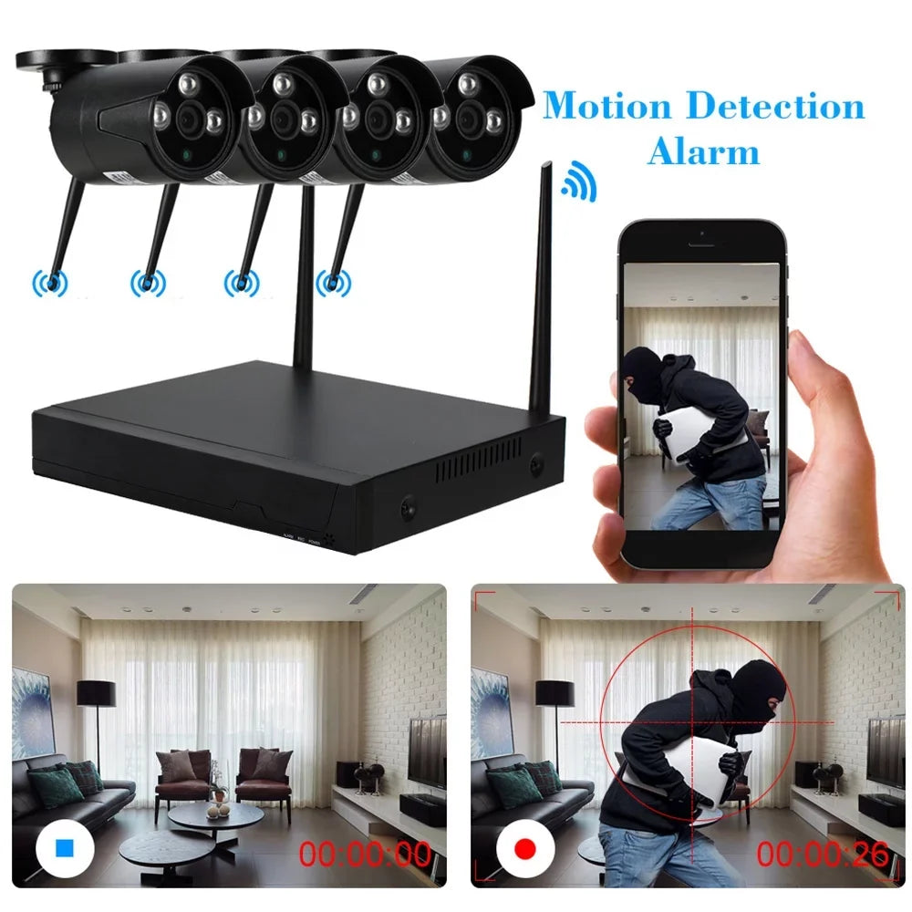 Andoer 4CH 1080P HD WiFi NVR Kit with 4pcs 1.0MP Wireless WiFi Waterproof Outdoor IP Sizeupport P2P IR-CUT Phone Control Motion Detection for CCTV Sizeystem