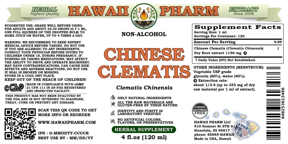 Chinese Clematis (Clematis Chinensis) Dry Root ALCOHOL-FREE Liquid Extract. Expertly Extracted by Trusted HawaiiPharm Brand. Absolutely Natural. Proudly made in USizeA. Glycerite 4 Fl.Oz