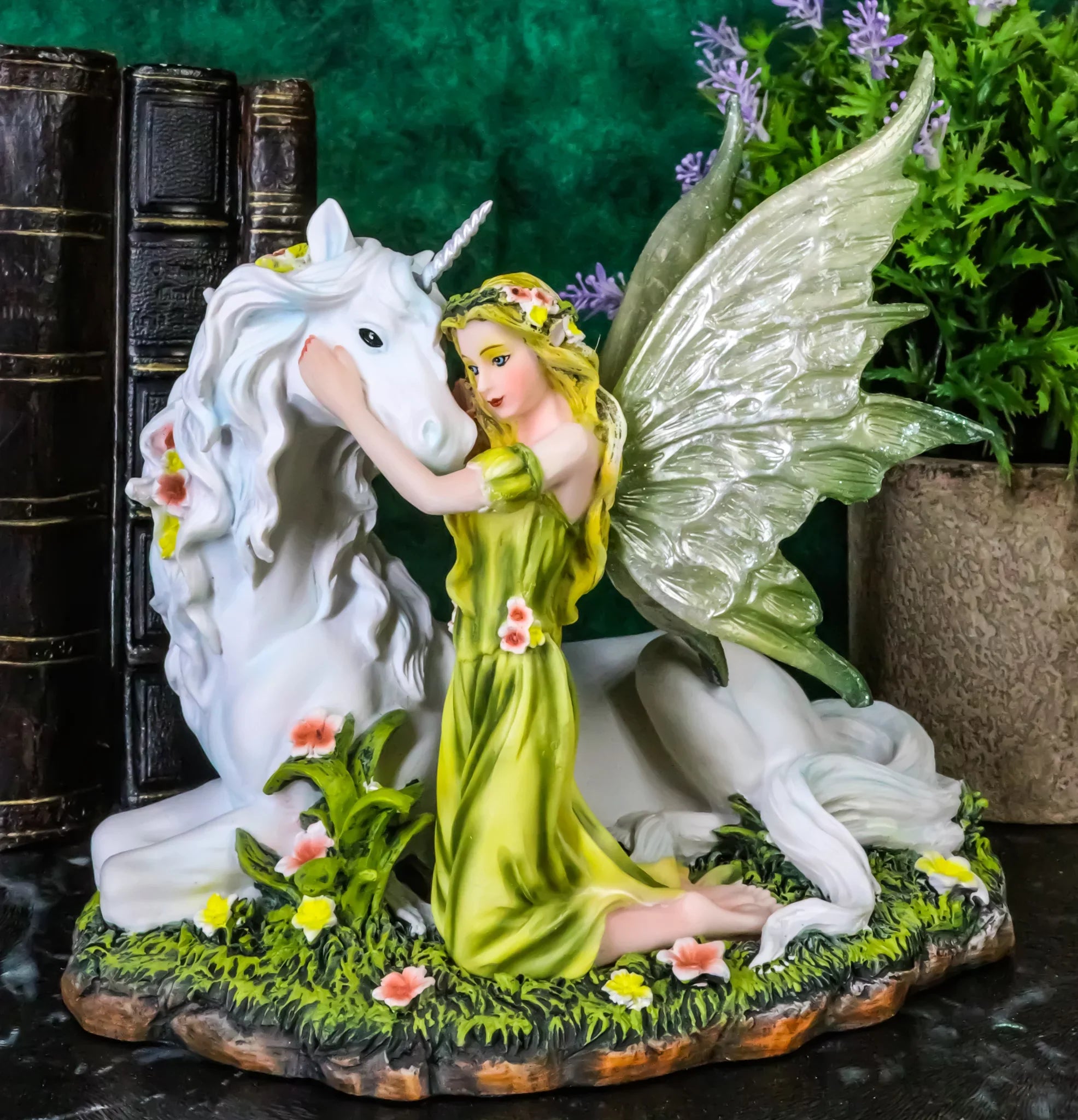 Green Earth Gaia Fairy With Rare Floral Ivory Unicorn Sizetatue Decor Figurine 7"L