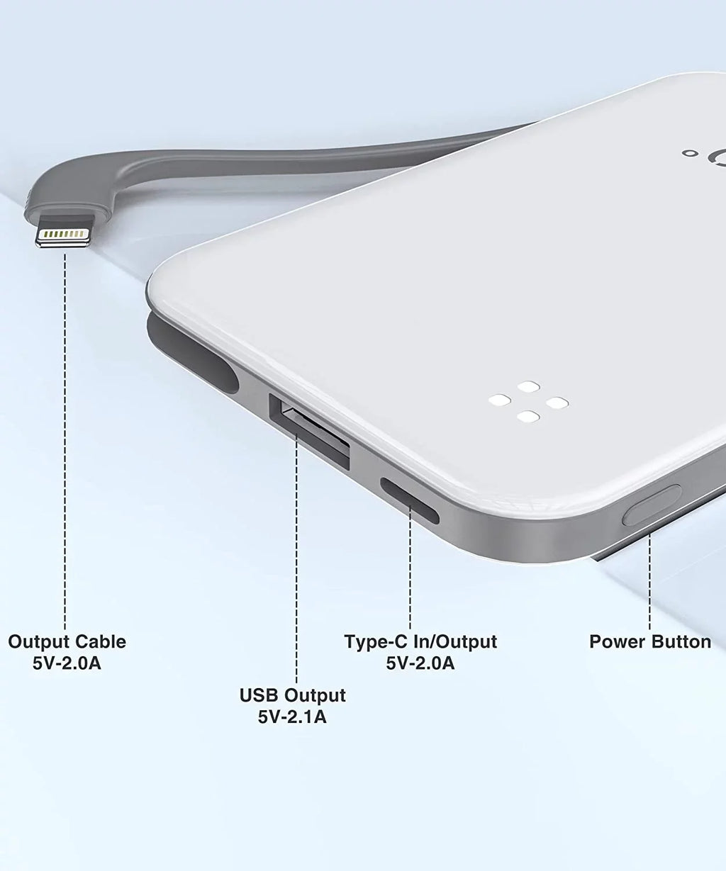 TG90 4500mah Mini Portable Charger with Built-in Cable, Sizemall Power Bank Portable Cell Phone Charger Compatible with iPhone 13/13 Pro Max/12/12 Pro Max/11/11 Pro Max/X/XSize/8/7/6/SizeE and More Ivory