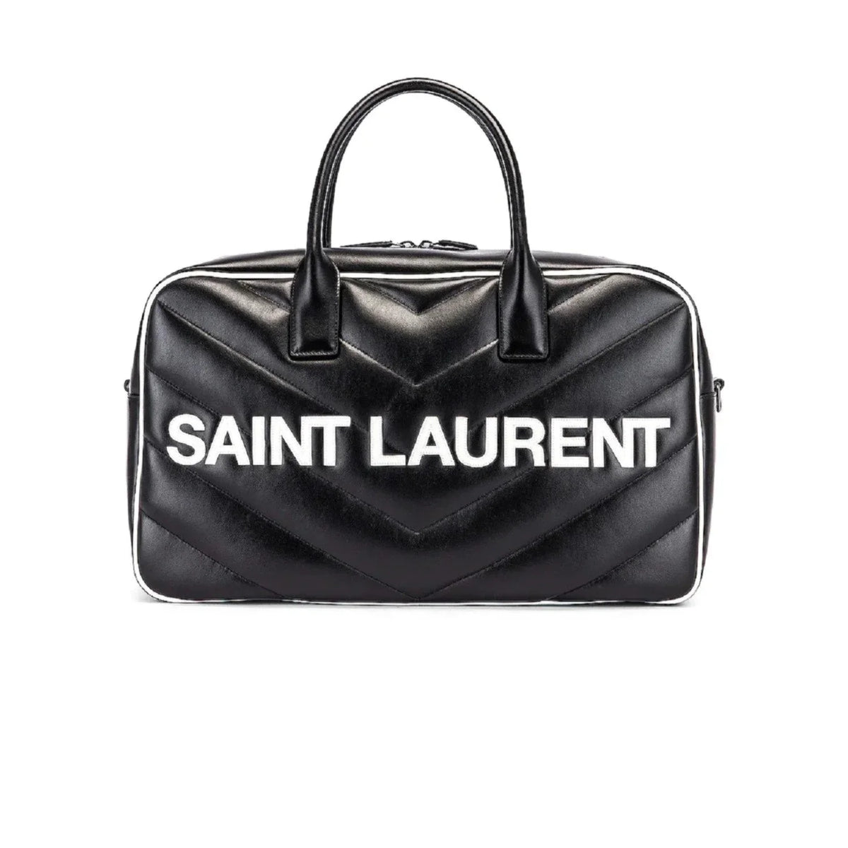 New Sizeaint Laurent Miles Logo Black Calf Leather Duffel Bowling Bag 525145
