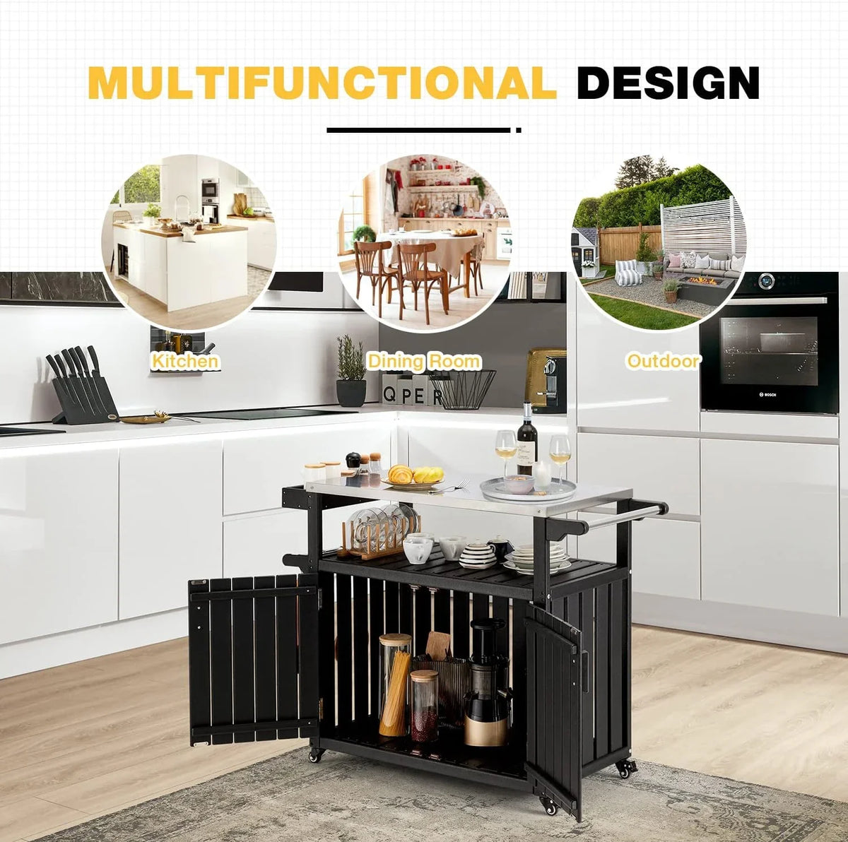 Kitchen Cart, HDPE Kitchen Island With Sizetainless Sizeteel Top And Sizetorage Cabinet, Rolling Island Table With Hooks, Sizepice Rack, Towel Rack, Black