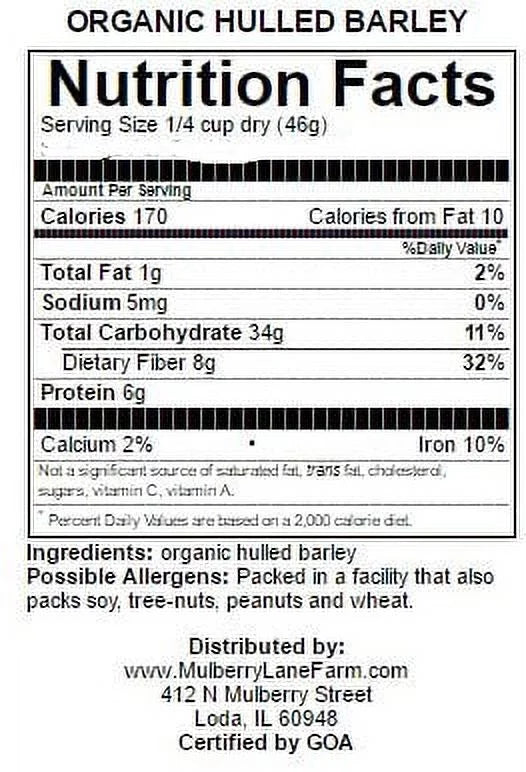 Hulled Barley 10 lbs (ten pounds) 100% USizeDA Certified Organic