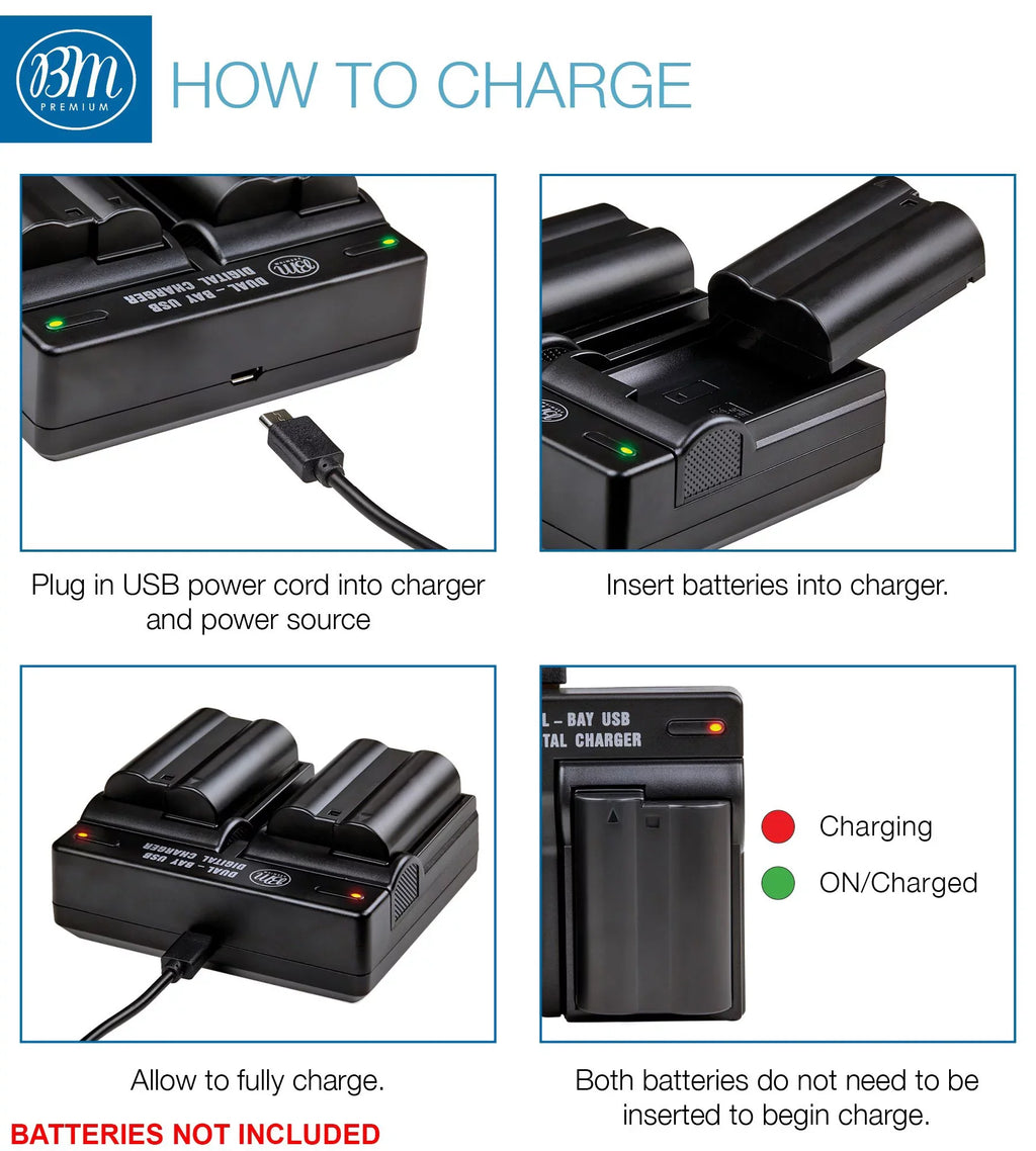 BM 2 EN-EL15B Batteries and Dual Bay Battery Charger for Nikon Z6 Z7 D780 1 V1 D500 D600 D610 D750 D800 D810 D850 D7000 D7100 D7200 D7500 Cameras