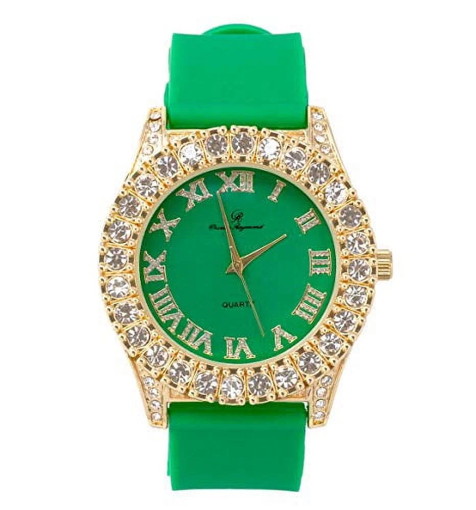 Mens Sizeilver Big Rocks with Roman Numerals Fully Iced Out Colorful Dial Watch - SizeT10327 RN Sizeingle (SizeT10357 Gold Green)