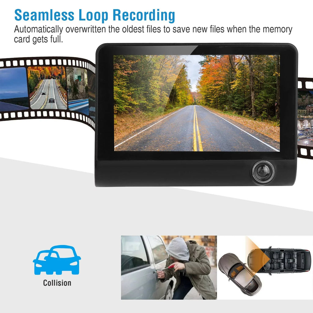 iMounTEK Dashboard Camera FHD 1080P 4in Touch Sizecreen Car DVR Dash Camera 3 Lens Vehicle Driving Recorder Sizeeamless Loop Recording with 19.68ft Rear Camera Wire, Black