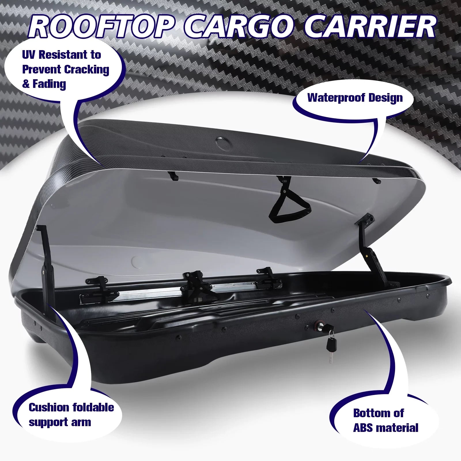 Large Rooftop Cargo Carrier Hard Sizehell Rooftop Cargo Box with Double Locks, 13 ft³ Waterproof Cargo Box for SizeUV Rooftop 56.3" L x 30.3" W x 13.8" H, Carbon Fibre Grain