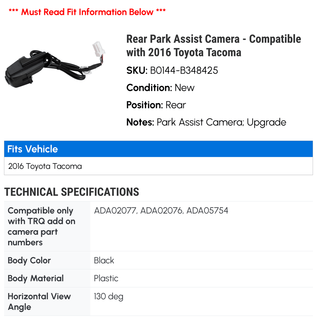 Rear Park Assist Camera - Compatible with 2016 Toyota Tacoma