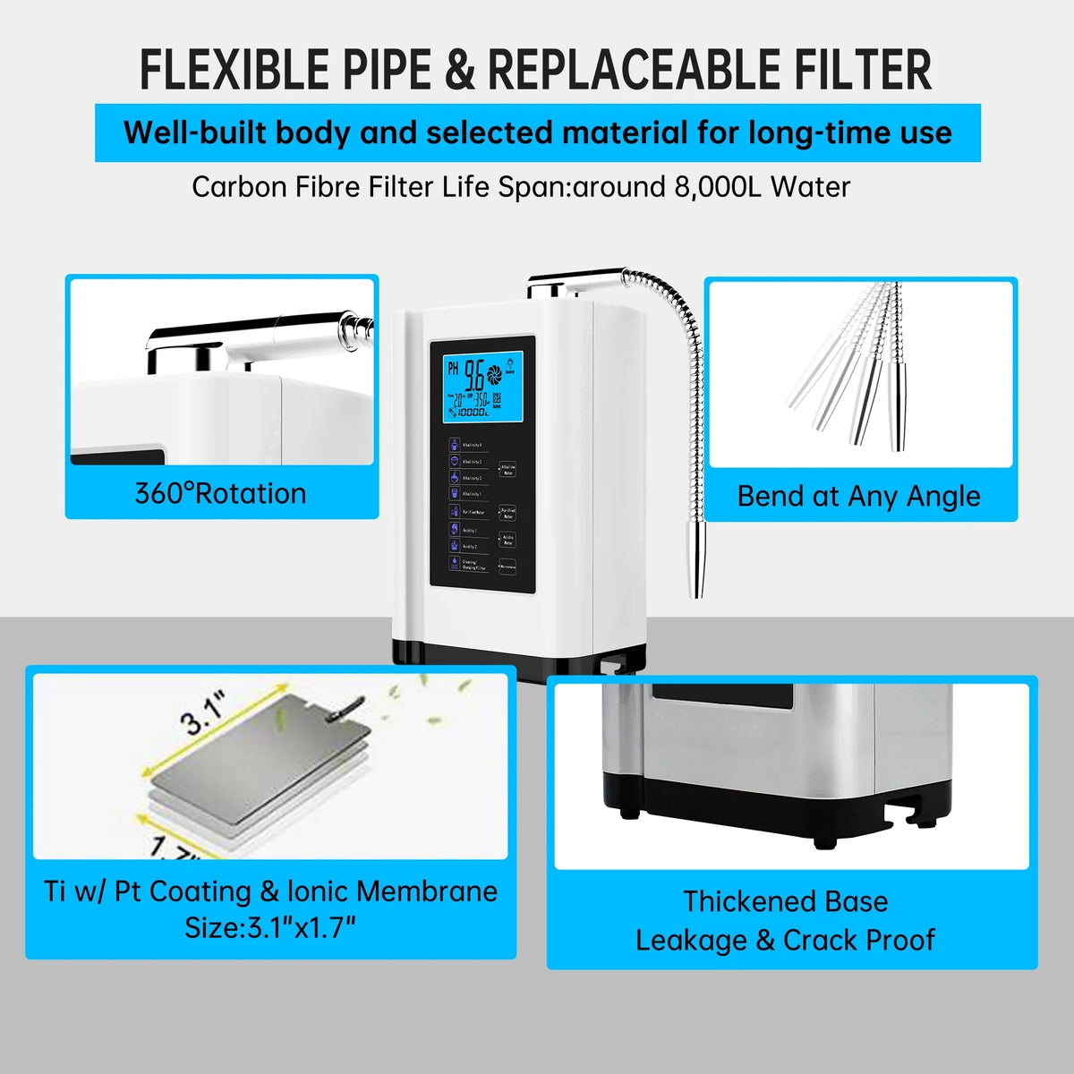Alka Water Ionizer, Water Purifier Machine PH 3.5-10.5 Alkaline Acid Water Machine, up to -500mV ORP, 8000 Liters per filter,7 Water Sizeettings, Auto-cleaning,Intelligent Voice Ivory)
