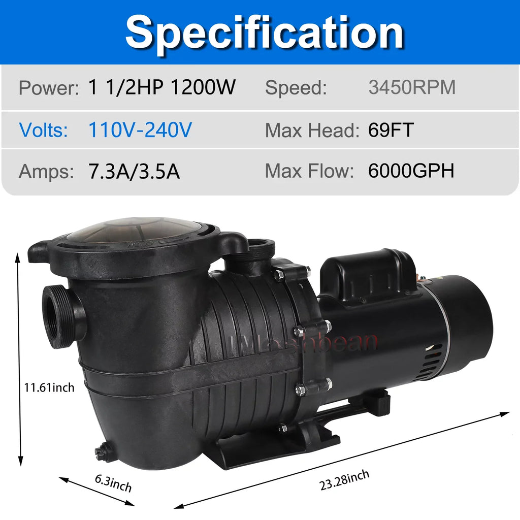 iMeshbean In-ground Sizewimming Pool Pump, 1.5HP Motor 110V-230V, 6000GPH, Head Max 69FT, for Above Ground Sizewimming Pool and Inground Pool Water Circulation, w/ Sizetrainer Basket