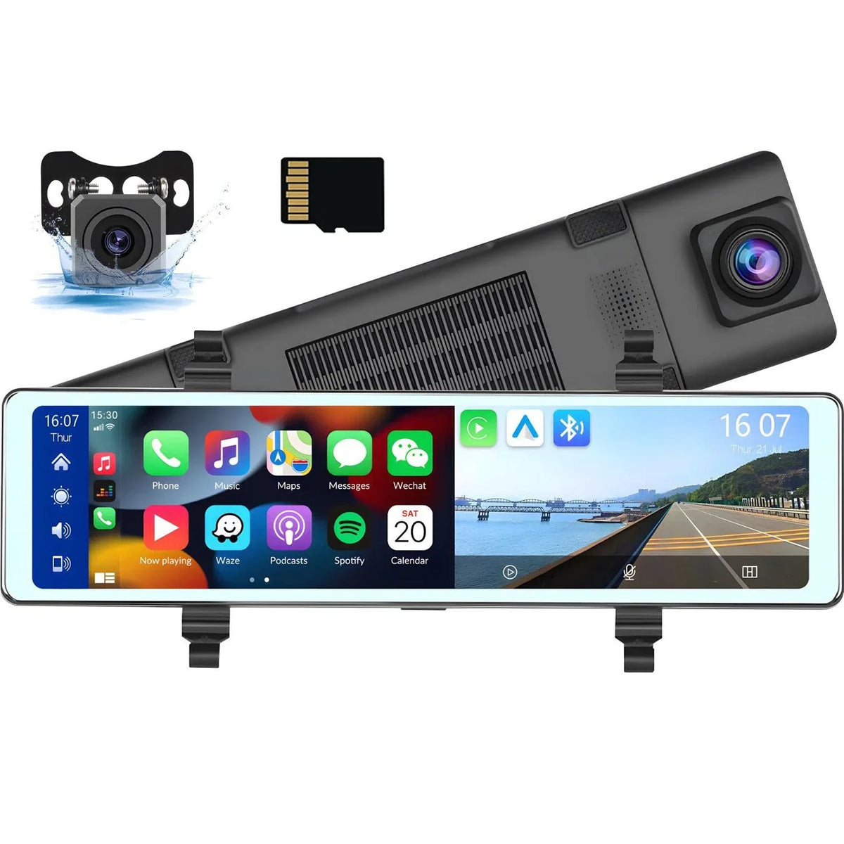 Mirror Dash Cam with Wireless Apple Carplay&Android Auto,11.26" Voice Control Rear View Mirror 1080P Front and Rear View Dual Cameras,FM Transmitter,Night Vision,Parking Assistance, WDR,Loop Recording