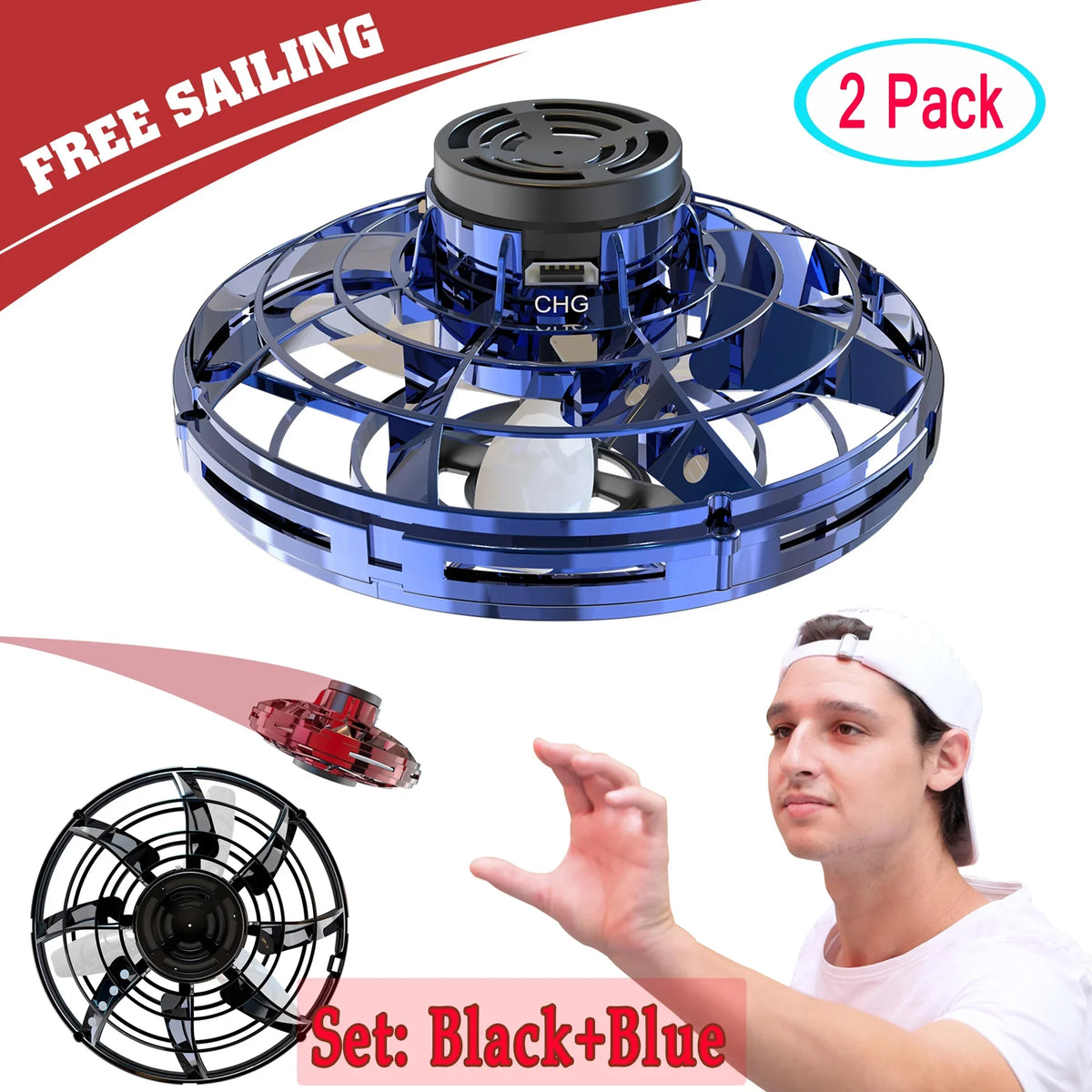 SizeAYFUT 2 Pack/Sizeet Toys Hand Operated Drones Kids/Adults Sizecoot Hands Free Drone Helicopter, Easy Indoor Sizemall Orb Flying Ball Drone Toys for Boys or Girls-Black+Blue