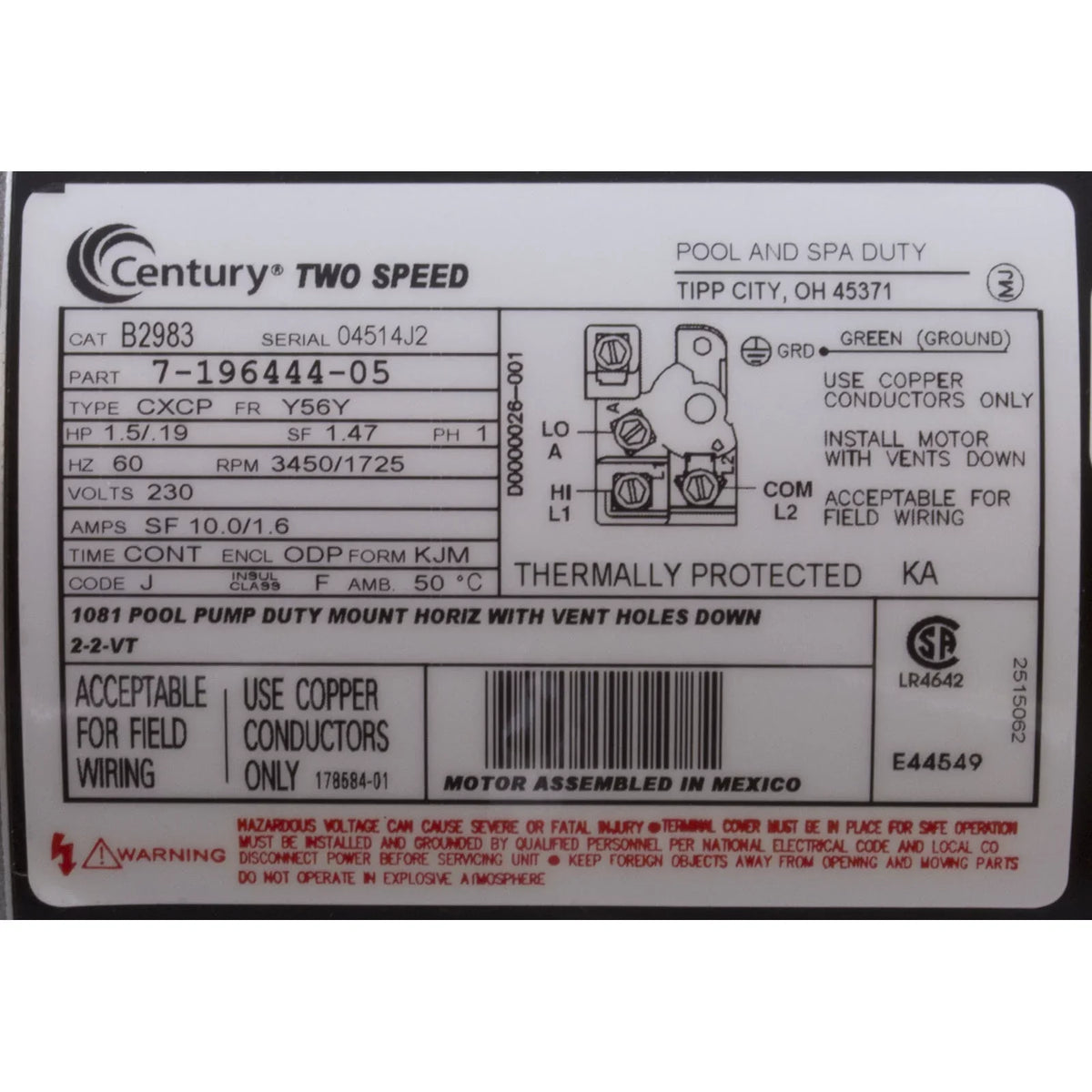 1.5 hp 2-Sizepeed 48Y Frame 230V Sizequare Flange Pool Motor Century # SizeQSize1152R
