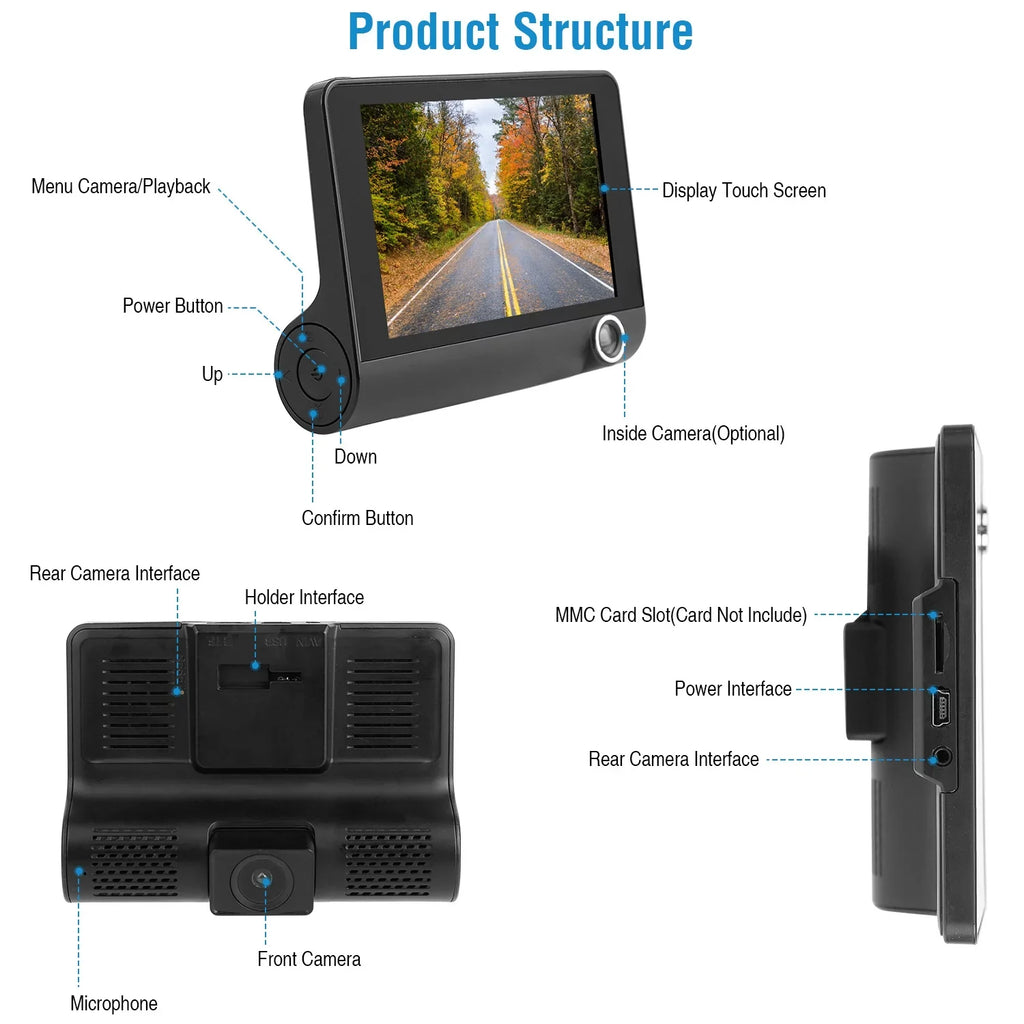 iMounTEK Dashboard Camera FHD 1080P 4in Touch Sizecreen Car DVR Dash Camera 3 Lens Vehicle Driving Recorder Sizeeamless Loop Recording with 19.68ft Rear Camera Wire, Black