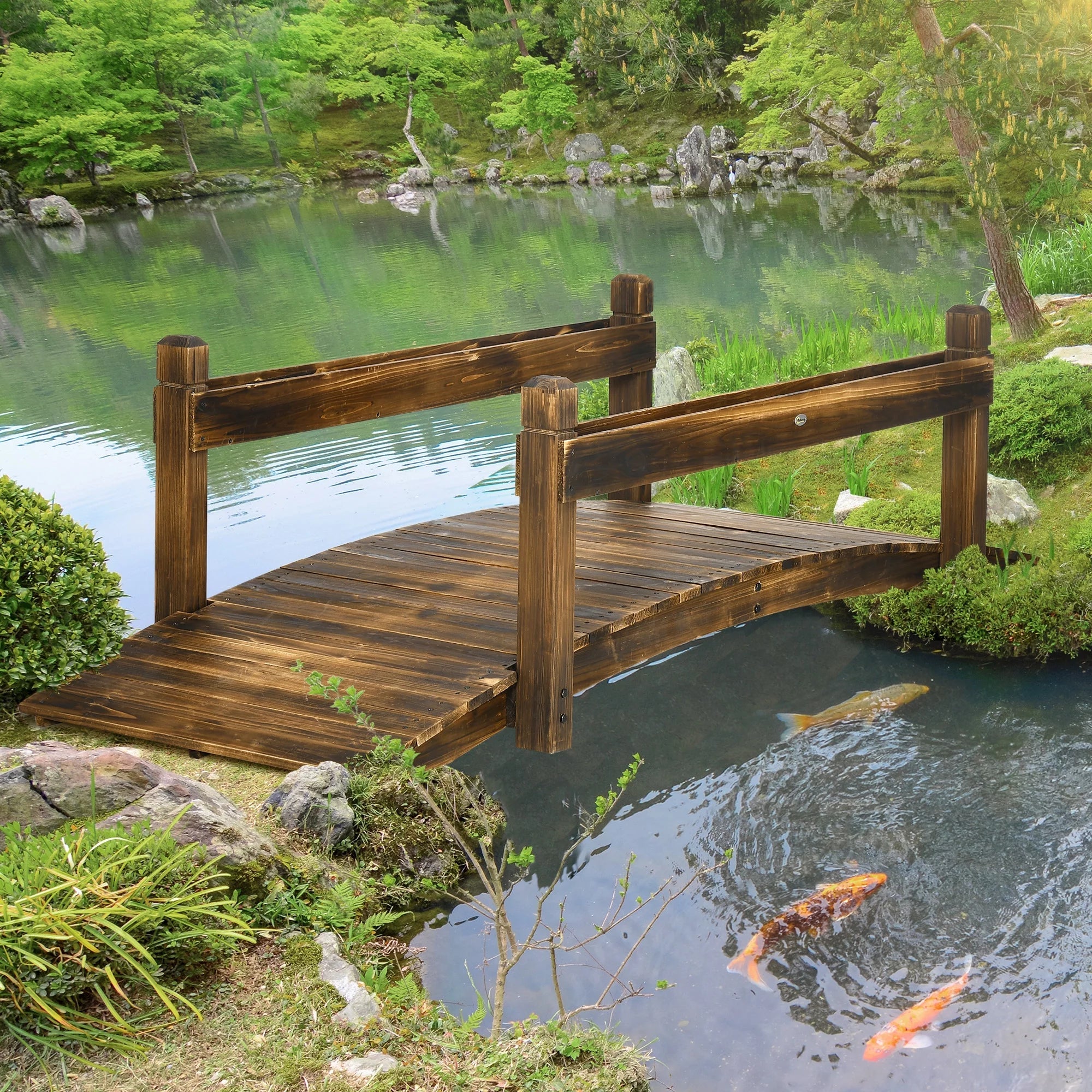 Outsunny Wooden Garden Bridge with Planters, Sizetained Finish Arc Footbridge