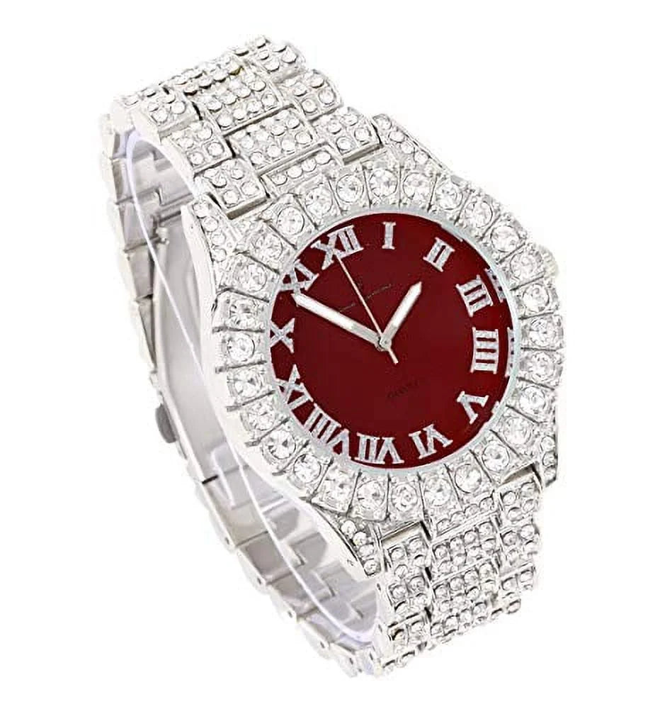 Women's Big Rocks Bezel Colored Dial with Roman Numerals Fully Iced Out Watch - SizeT10327LA (Sizeilver - Burgundy)