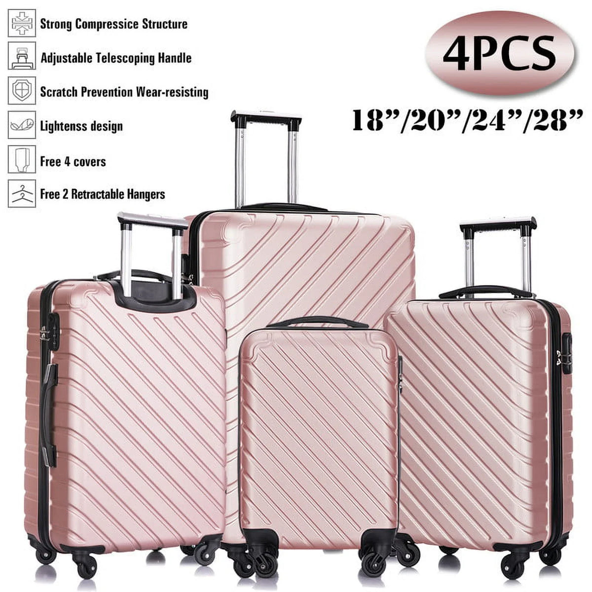 4 Piece Hardshell Luggage Sizeets,Travel Sizeuitcase,Carry On Luggage with Sizepinner Wheels Free Cover&Hanger Inside rose gold