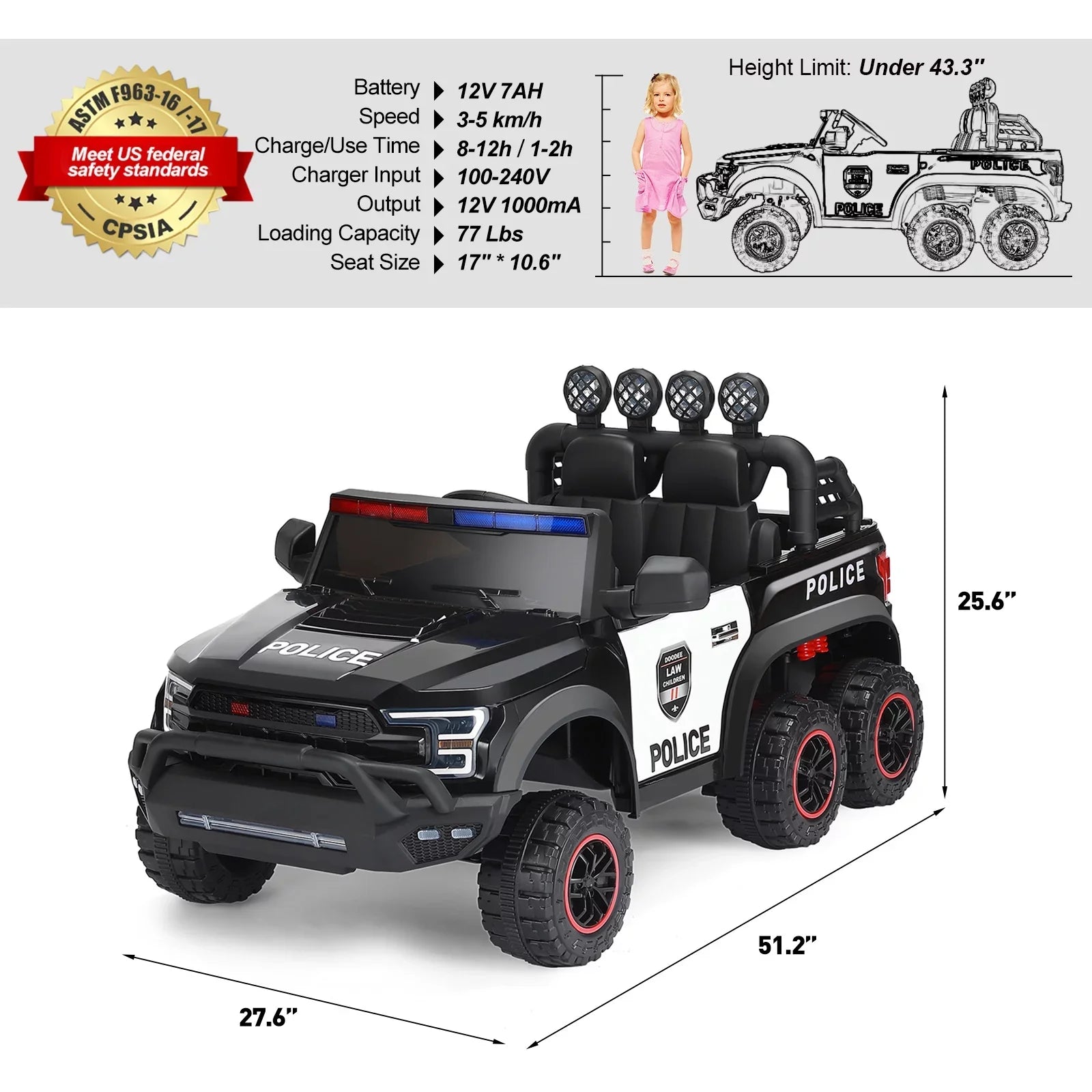 JOYLDIASize 6 Wheels 12V Kids Ride on Police Car Toy with Remote Control (Black)
