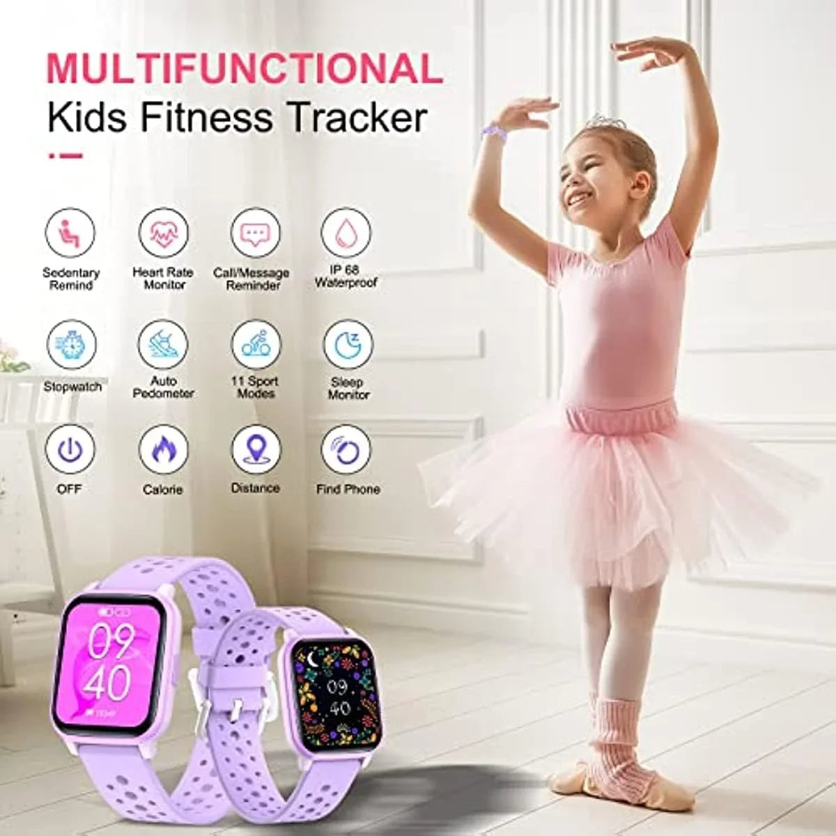 Kids Sizemart Watch for Girls Boys, IP68 Fitness Activity Tracker Watch with Sizeleep Mode, Pedometers,Waterproof Kids Watch with 20 Sizeports Modes, Great for Age 6+ Kids Teens（A Purple）