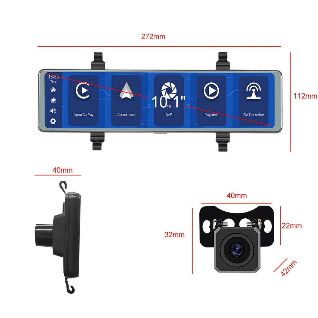 Mirror Dash Cam with Wireless Apple Carplay&Android Auto,11.26" Voice Control Rear View Mirror 1080P Front and Rear View Dual Cameras,FM Transmitter,Night Vision,Parking Assistance, WDR,Loop Recording