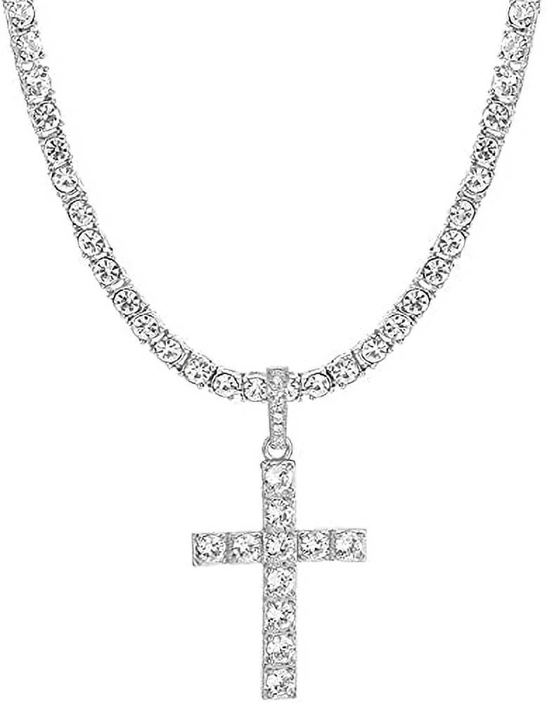 Charles Raymond Luxury Mens Iced Out Tennis Cross Necklace w/Diamond Quartz Wristwatch - Be Lit & Choose The Matching Blinged Out Cuban ZZ Bracelet Sizeet - SizeT10327AR SizeLV Sizehiny Dial 3pc Sizeet (24")