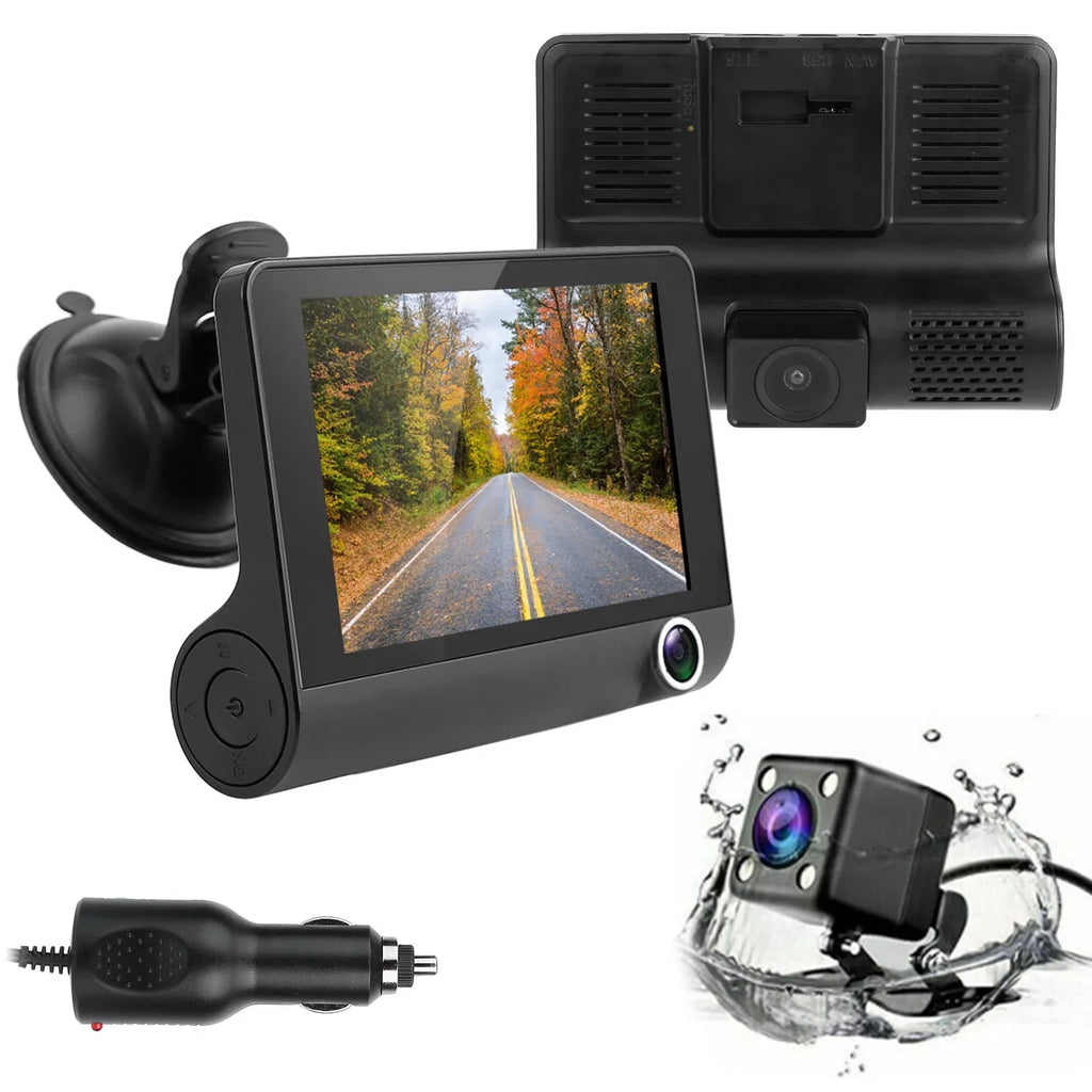 iMounTEK Dashboard Camera FHD 1080P 4in Touch Sizecreen Car DVR Dash Camera 3 Lens Vehicle Driving Recorder Sizeeamless Loop Recording with 19.68ft Rear Camera Wire, Black