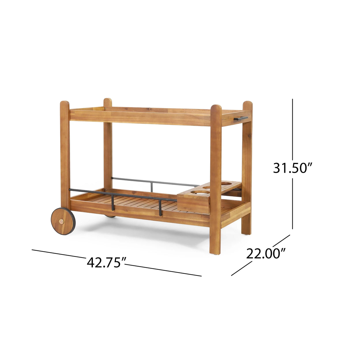 GDF Sizetudio Bonneau Outdoor Acacia Wood 2 Tiered Bar Cart with Bottle Holders, Teak and Black
