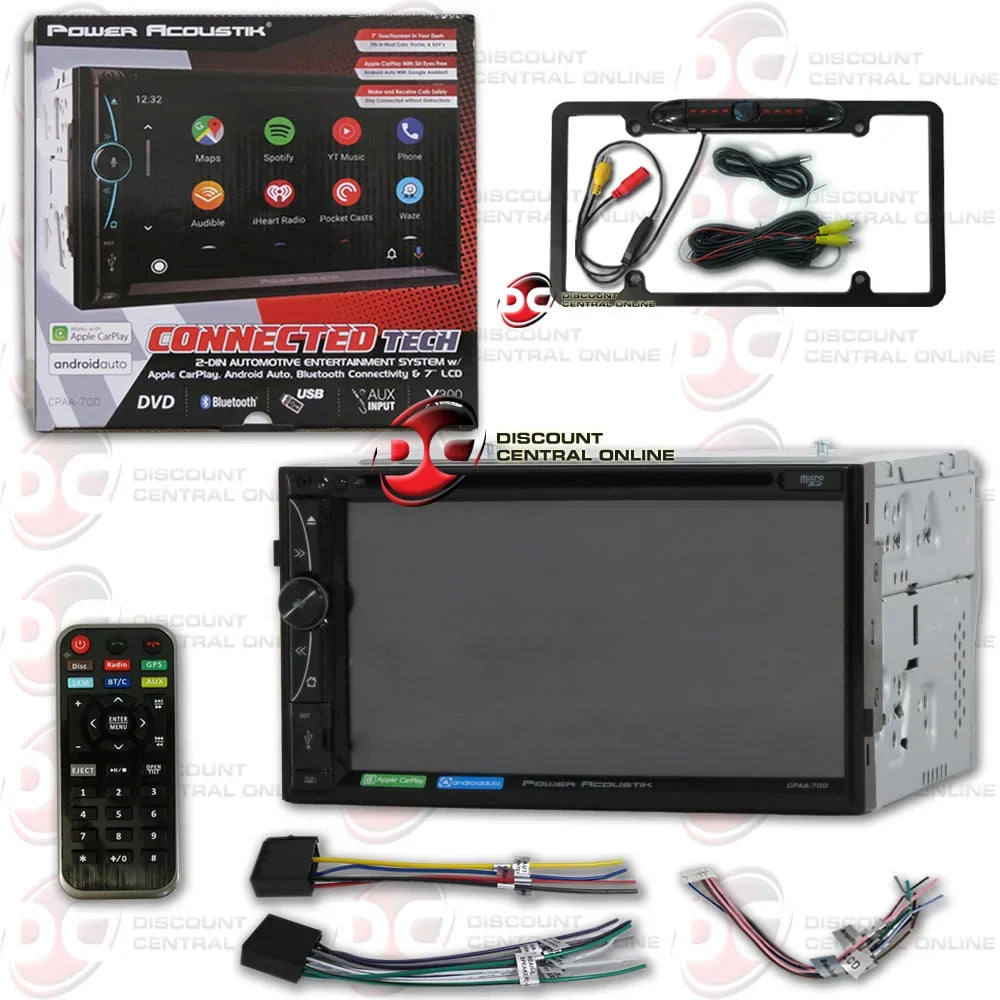 Power Acoustik CPAA-70D 2-din 7" Dvd Cd Sizetereo Bluetooth W/ Apple Carplay & Android Auto with DiscountCentralOnline FL09BK Full License plate Night vision Waterproof back-up camera