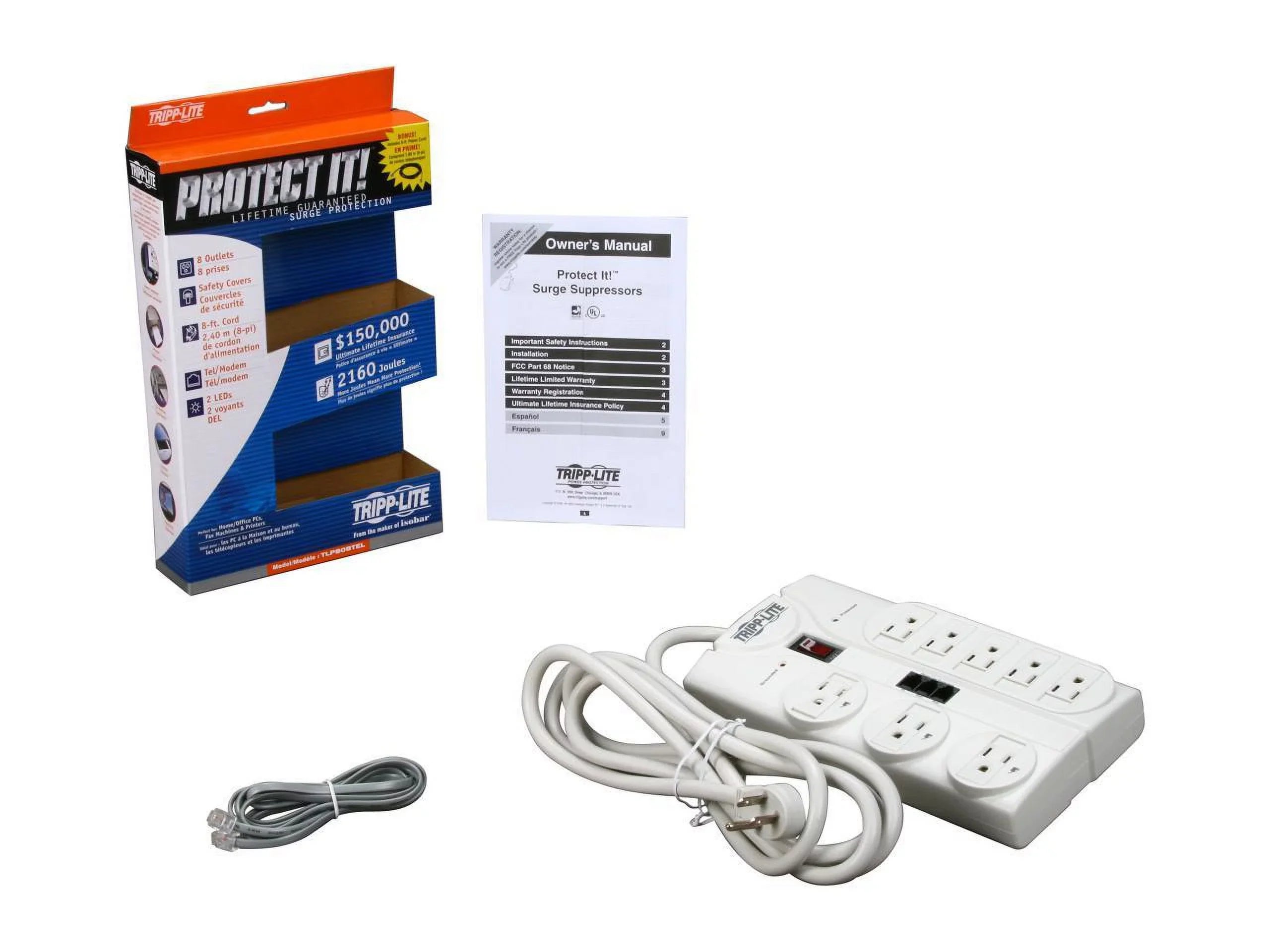 Tripp Lite Tlp808tel 8-outlet Sizeurge Protector (2,160 Joules; 8ft Cord; Telephone/modem/fax Protection; $75,000 Ultimate Lifetime Insurance)