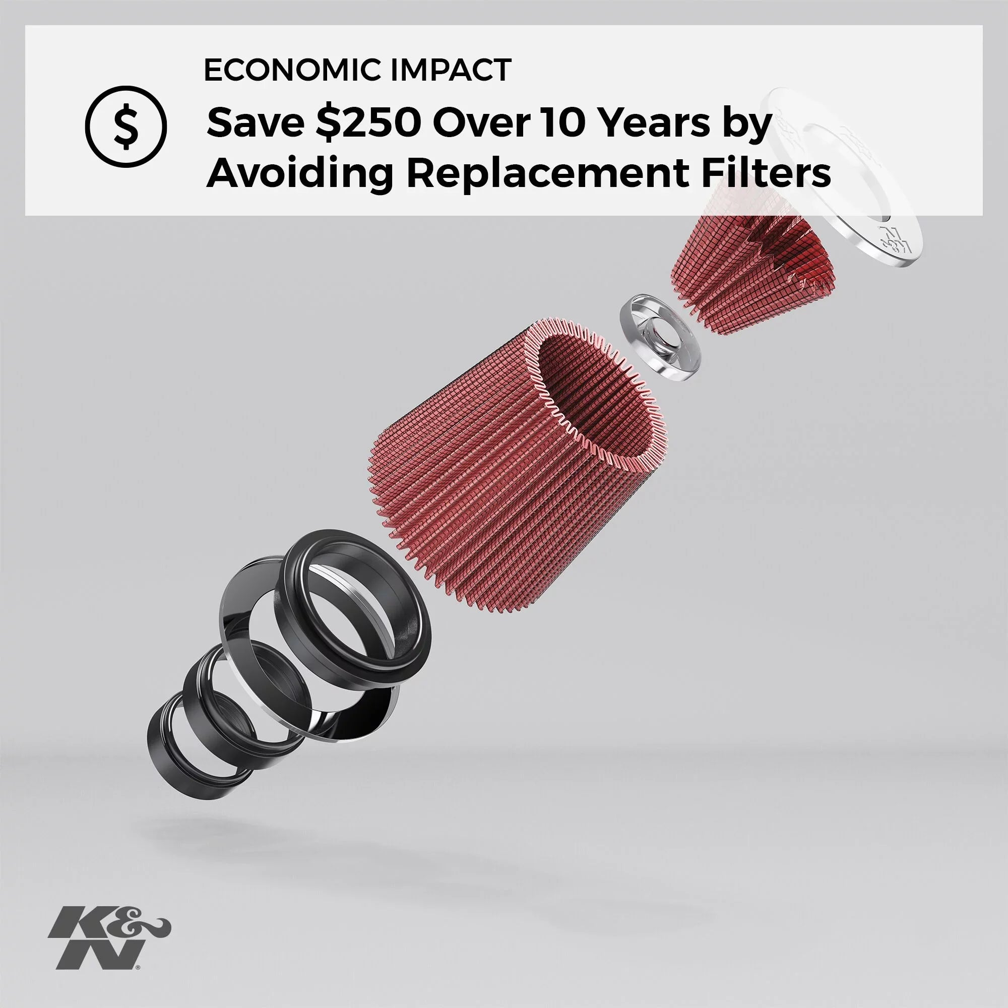 K&N RF-1044 Universal Clamp-On Air Filter: Round Tapered; 6 in (152 mm) Flange ID; 8 in (203 mm) Height; 7.5 in (191 mm) Base; 5 in (127 mm) Top