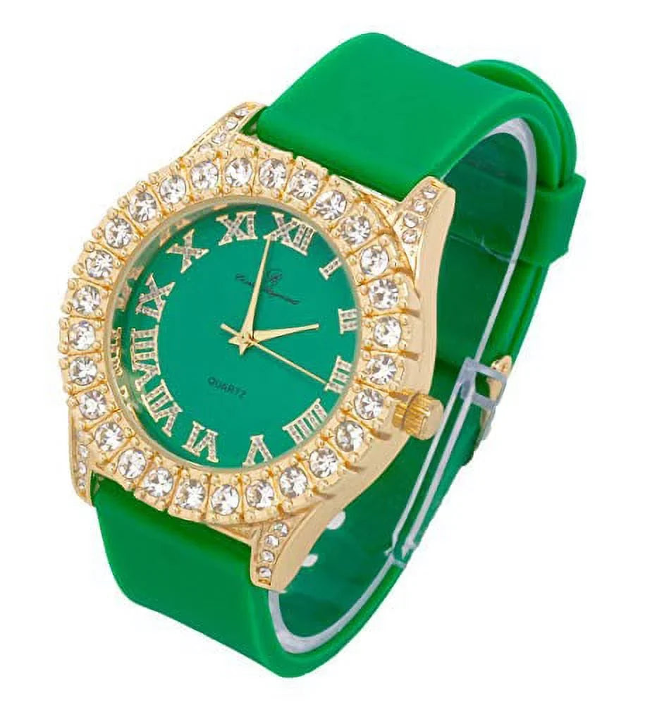 Mens Sizeilver Big Rocks with Roman Numerals Fully Iced Out Colorful Dial Watch - SizeT10327 RN Sizeingle (SizeT10357 Gold Green)