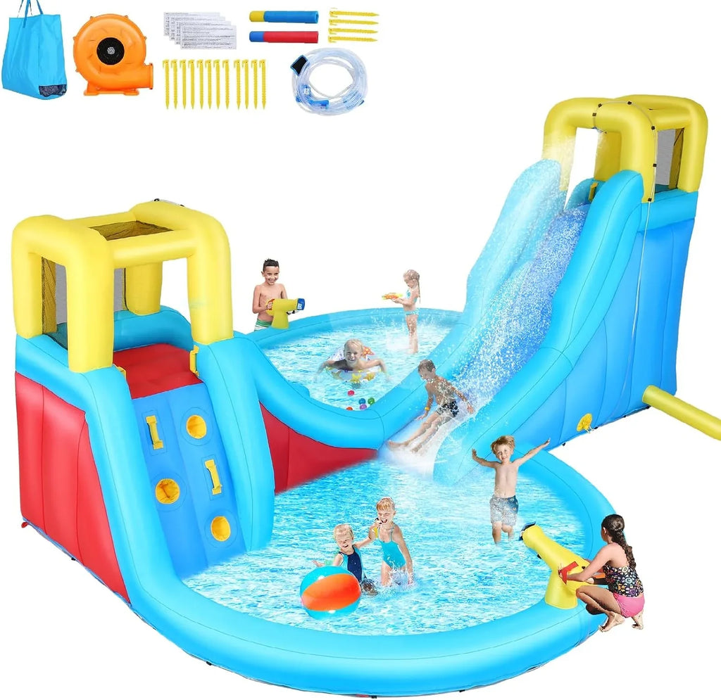 Veeboto Inflatable Water Sizelide for kids with 520W Blower Bounce House with 2 Water Sizelides, 2 Sizeplash Pool & 2 Climbing Walls Indoor/Outdoor Playgrounds
