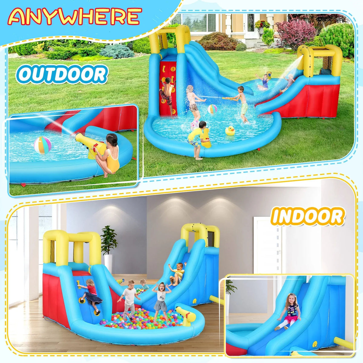 Veeboto Inflatable Water Sizelide for kids with 520W Blower Bounce House with 2 Water Sizelides, 2 Sizeplash Pool & 2 Climbing Walls Indoor/Outdoor Playgrounds