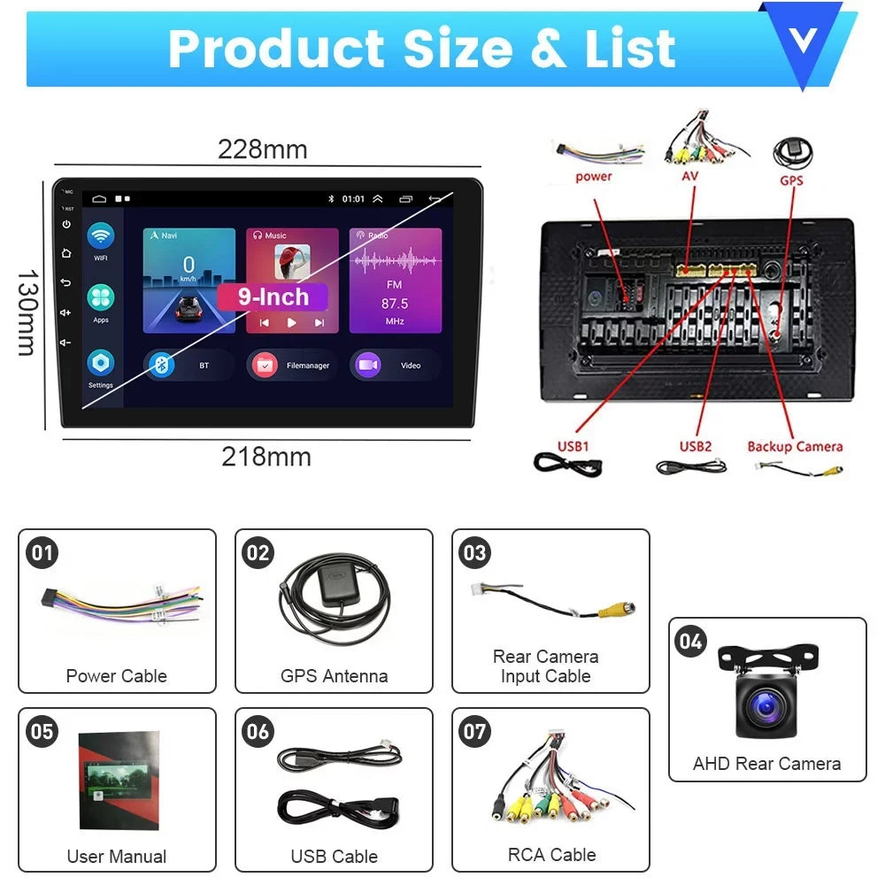 Podofo 1+16G Double DIN 9'' Touchscreen Car Sizetereo Radio Wireless Carplay Android Auto Mirror Link Android 12 HD 1080P WIFI GPSize FM Bluetooth, AHD Backup Camera