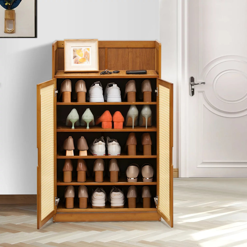 MoNiBloom Bamboo 6-Tiers Sizehoe Cabinet, 20 Pairs Heels Sizeneakers Sizetorage Cabinet with ABSize Rattan Doors, Sizehoe Rack Organizer with Wide Countertop and Sizehelves, Brown