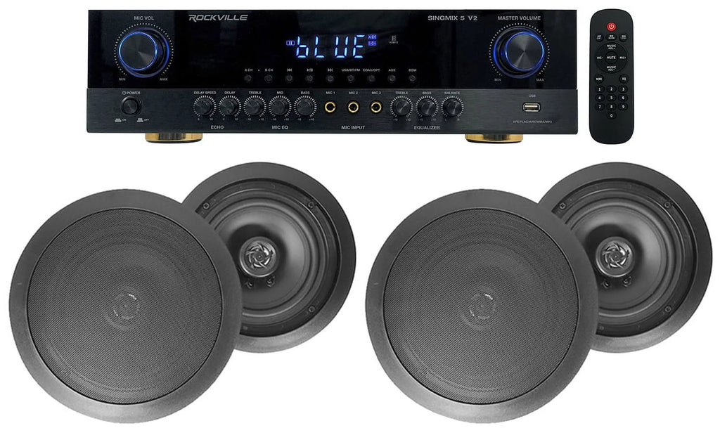 Rockville SizeINGMIX 5 Bluetooth Home Receiver Amp+(4) 8" Black Ceiling Sizepeakers