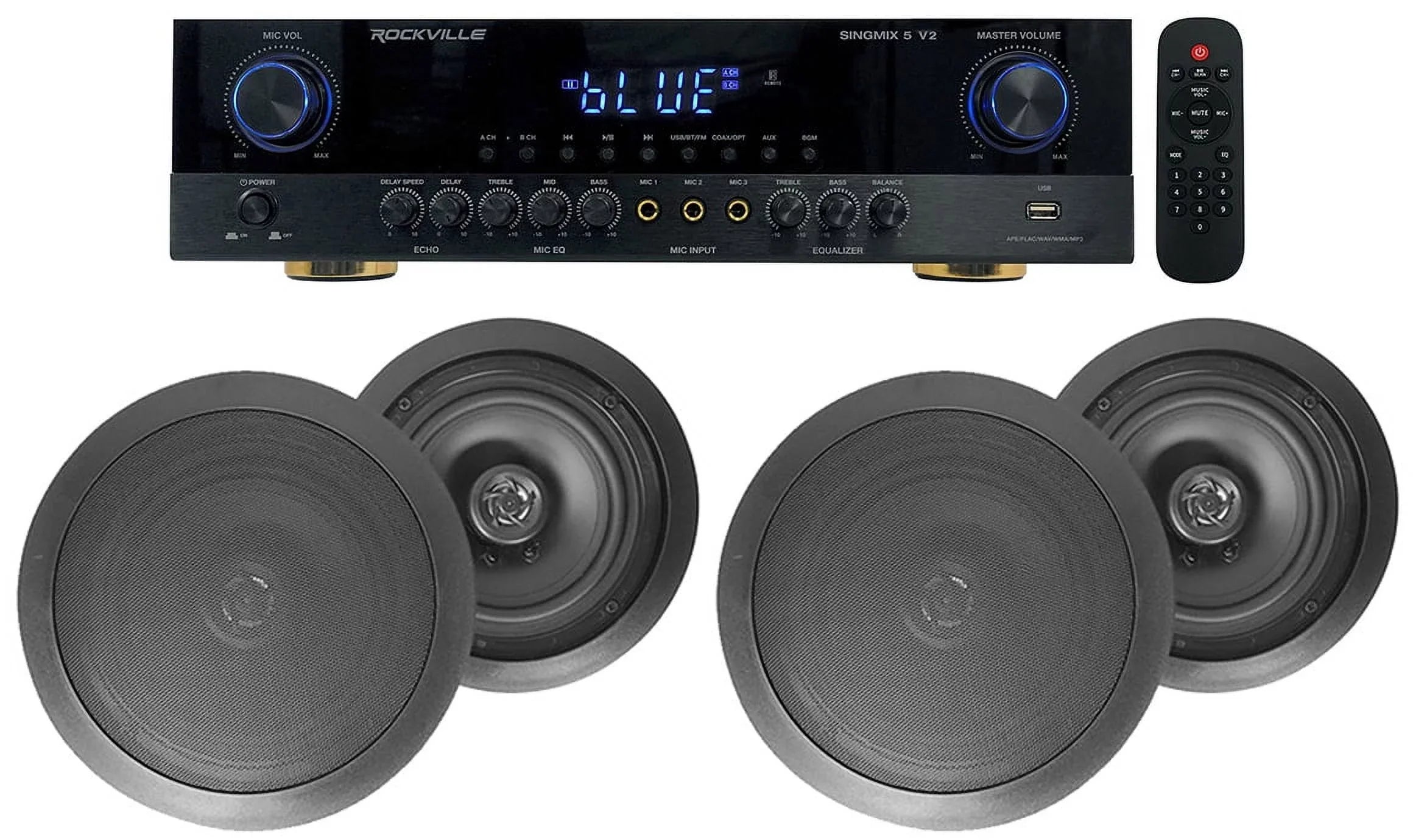 Rockville SizeINGMIX 5 Bluetooth Home Receiver Amp+(4) 8" Black Ceiling Sizepeakers