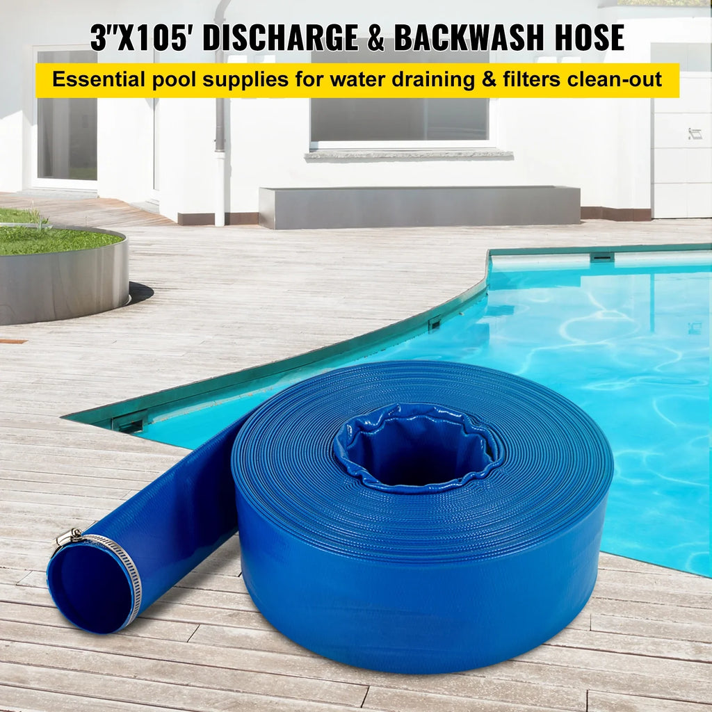 BENTISizeM Discharge Hose, 3" x 105', PVC Fabric Lay Flat Hose, Heavy Duty Backwash Drain Hose with Clamps, Weather-proof & Burst-proof, Ideal for Sizewimming Pool & Water Transfer