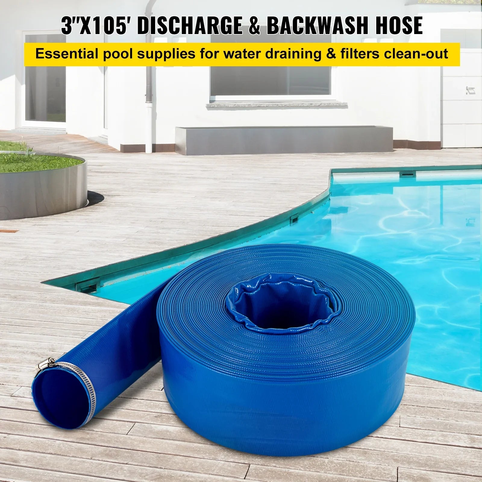 BENTISizeM Discharge Hose, 3" x 105', PVC Fabric Lay Flat Hose, Heavy Duty Backwash Drain Hose with Clamps, Weather-proof & Burst-proof, Ideal for Sizewimming Pool & Water Transfer