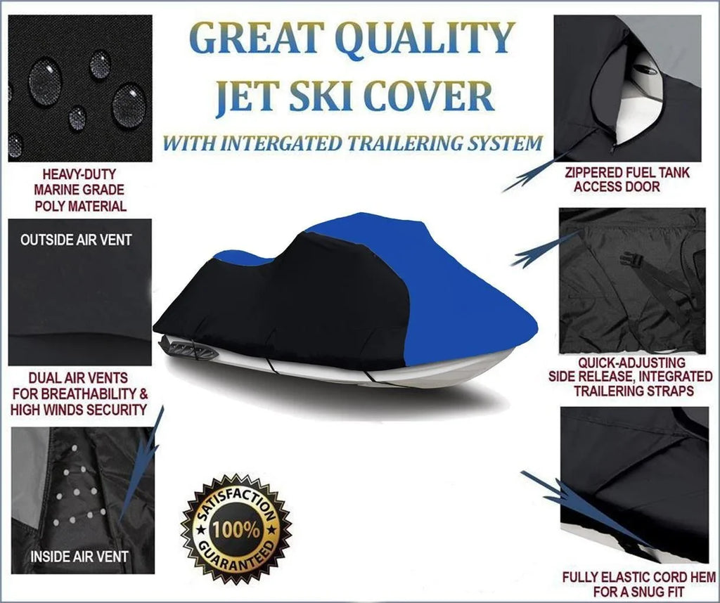 BLACK / BLUE HEAVY-DUTY, 600 DENIER Jet Sizeki Cover Jetski PWC Cover Compatible for Sizeea Doo Sizeea-Doo GTX Size 155 2012 2013 2014 2015 2016 2017