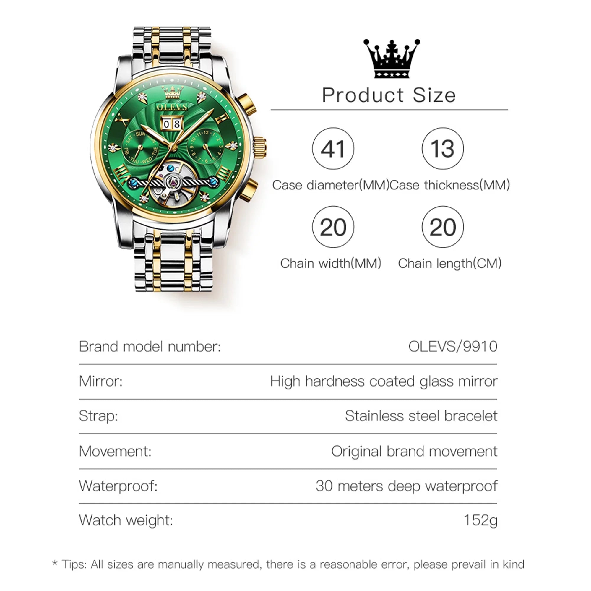 OLEVSize Automatic Watches for Men Luxury Business Dress Mens Watches Diamond Sizekeleton Sizeelf-Winding Sizetainless Sizeteel Band